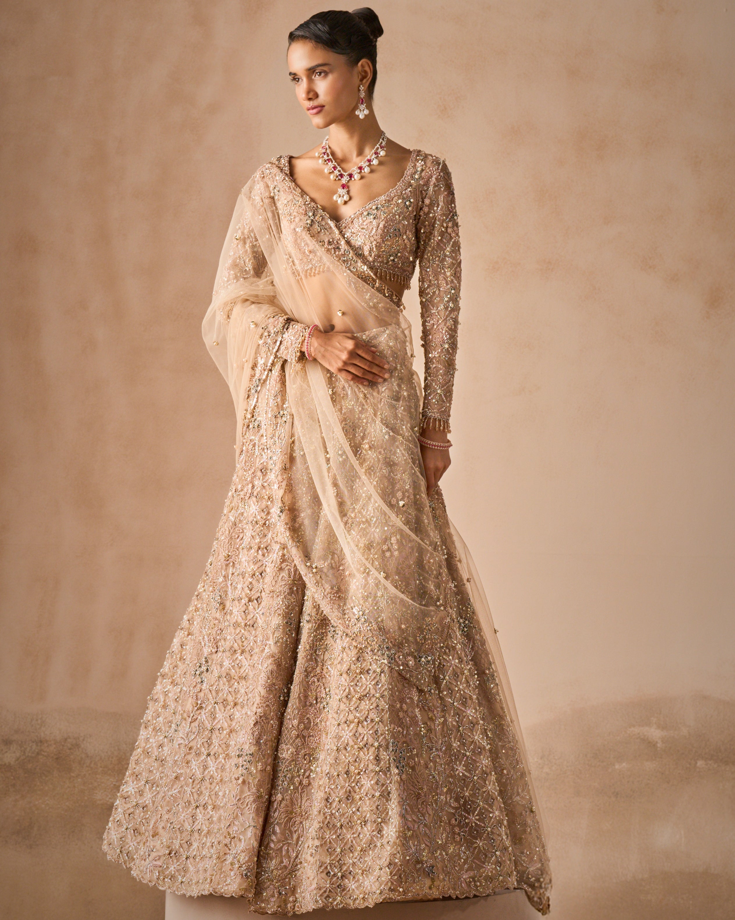 Beige Nude Tulle Lehenga Set