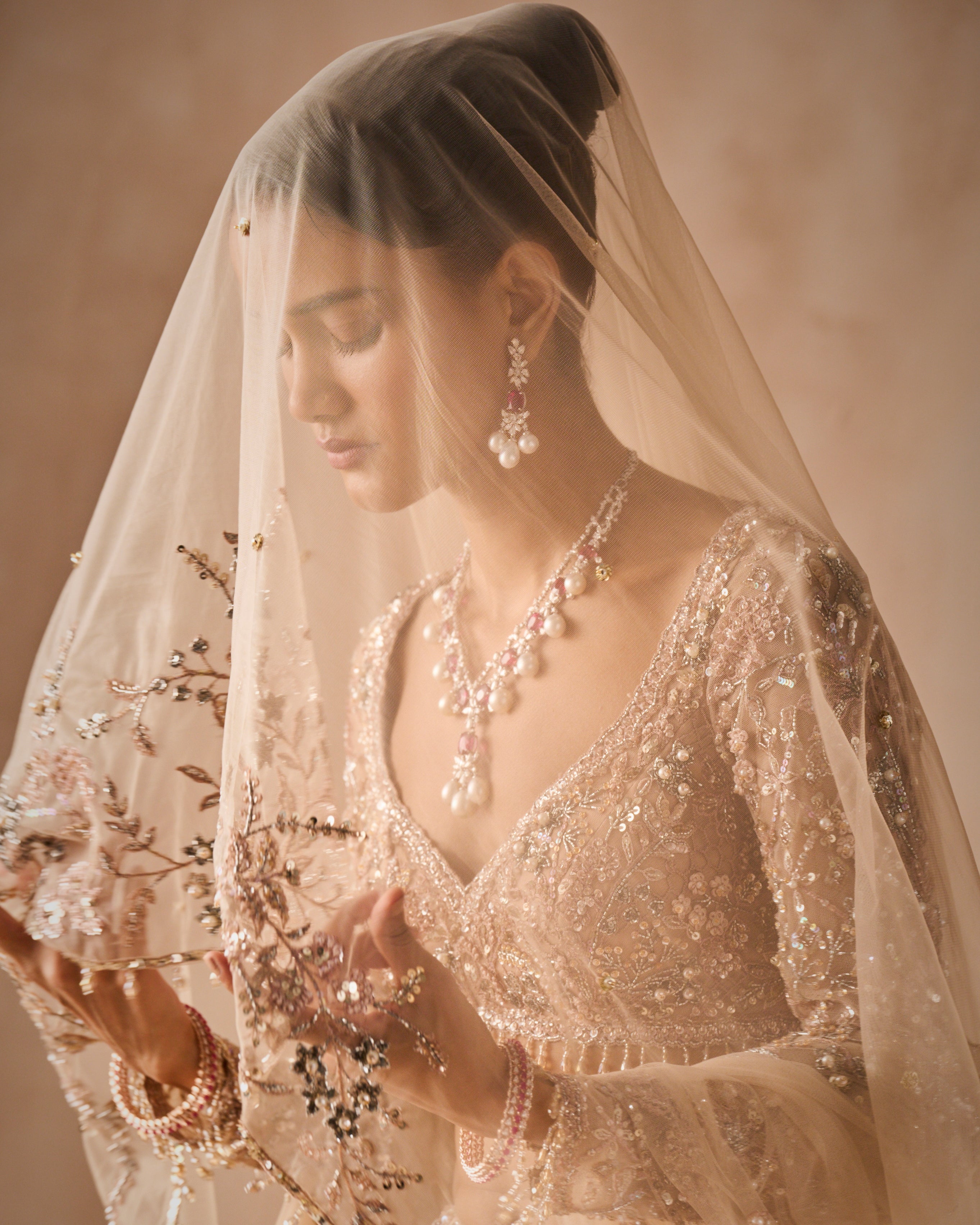 Beige Nude Tulle Lehenga Set