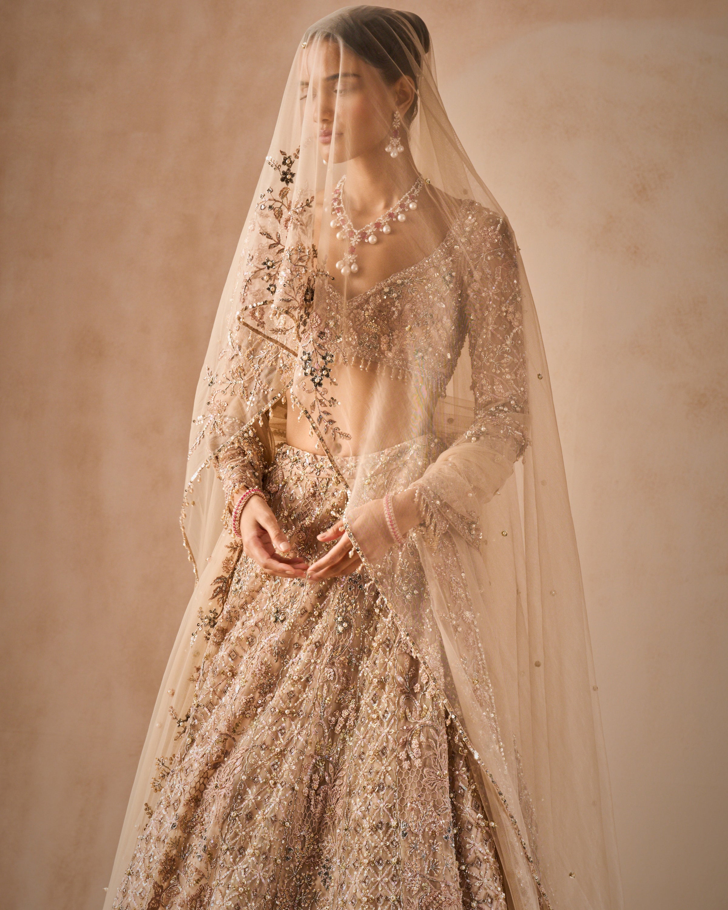 Beige Nude Tulle Lehenga Set
