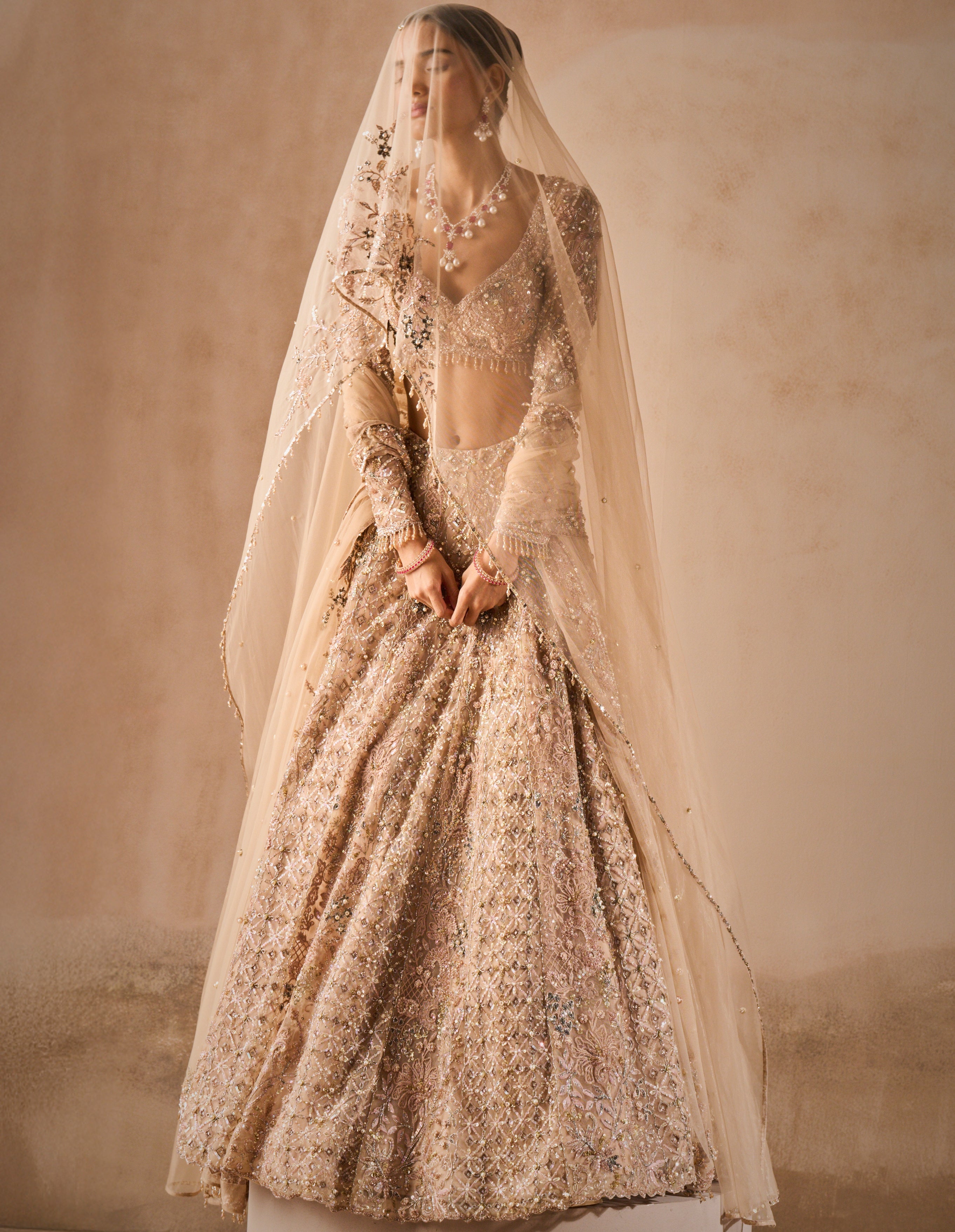 Beige Nude Tulle Lehenga Set