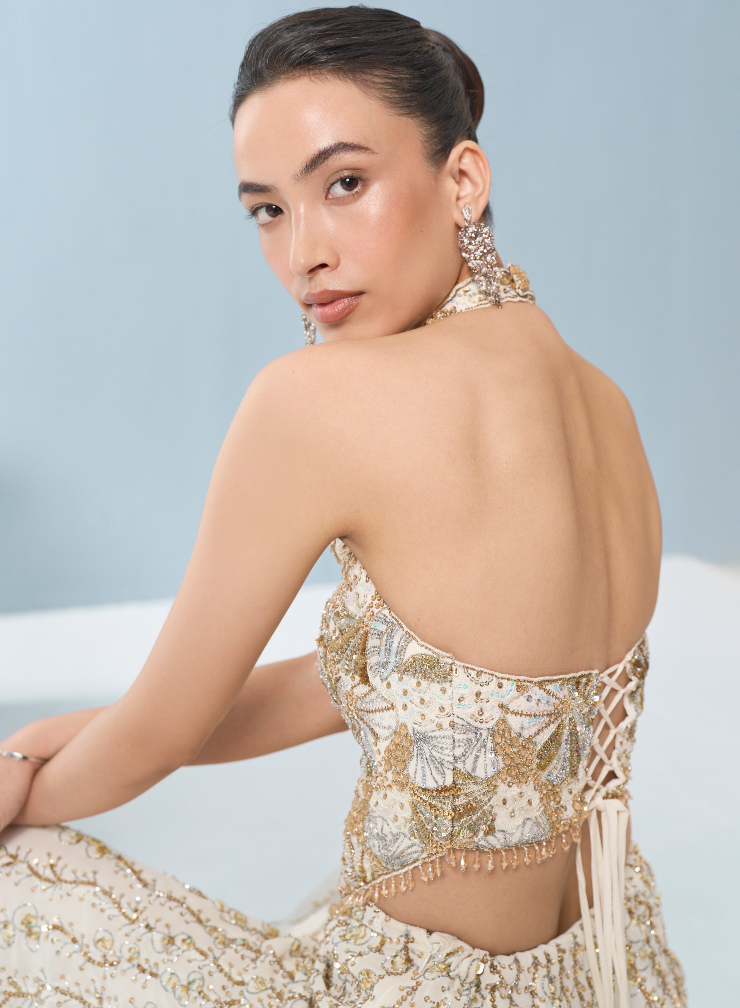 Ivory Georgette High Waist Sharara And Corset