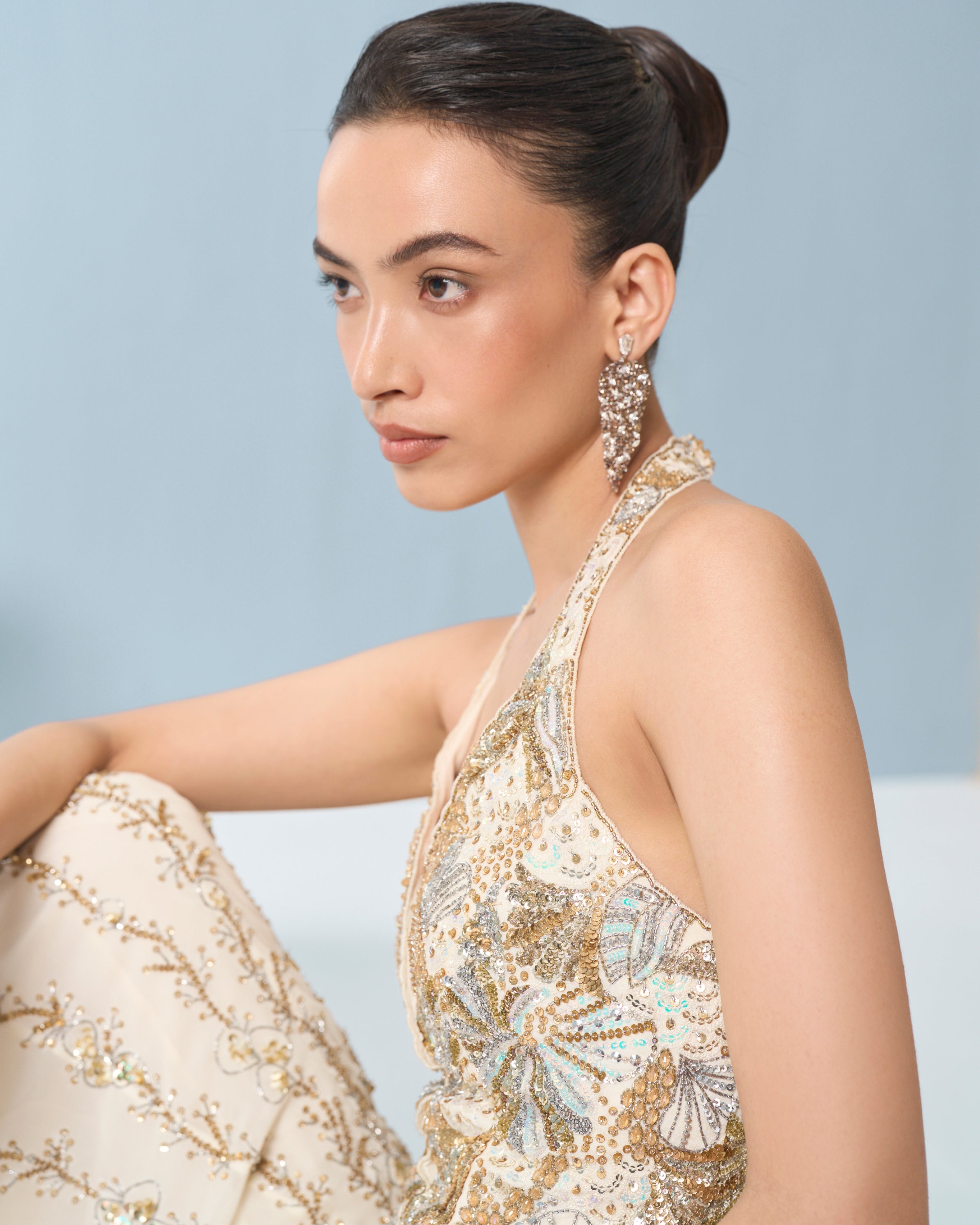 Ivory Georgette High Waist Sharara And Corset