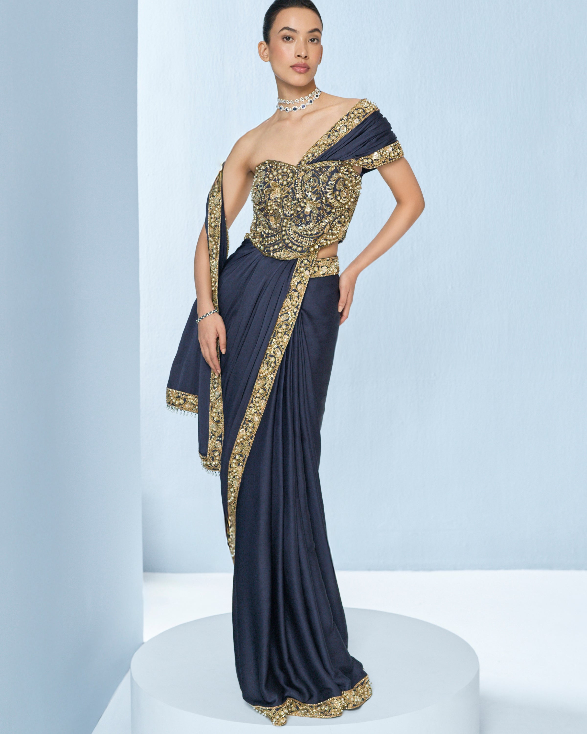 Midnight Blue Satin Sari And Corset Blouse