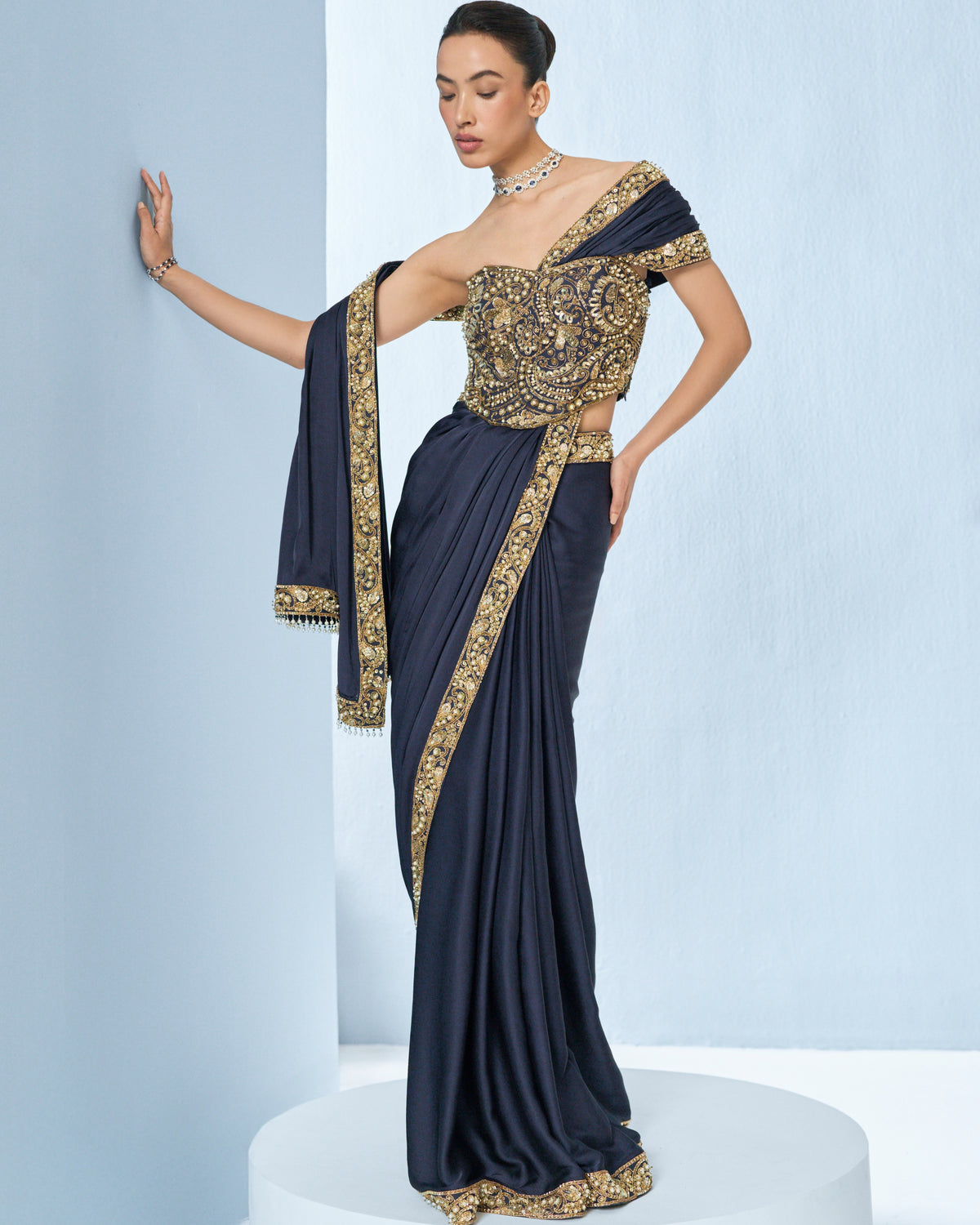 Midnight Blue Satin Sari And Corset Blouse