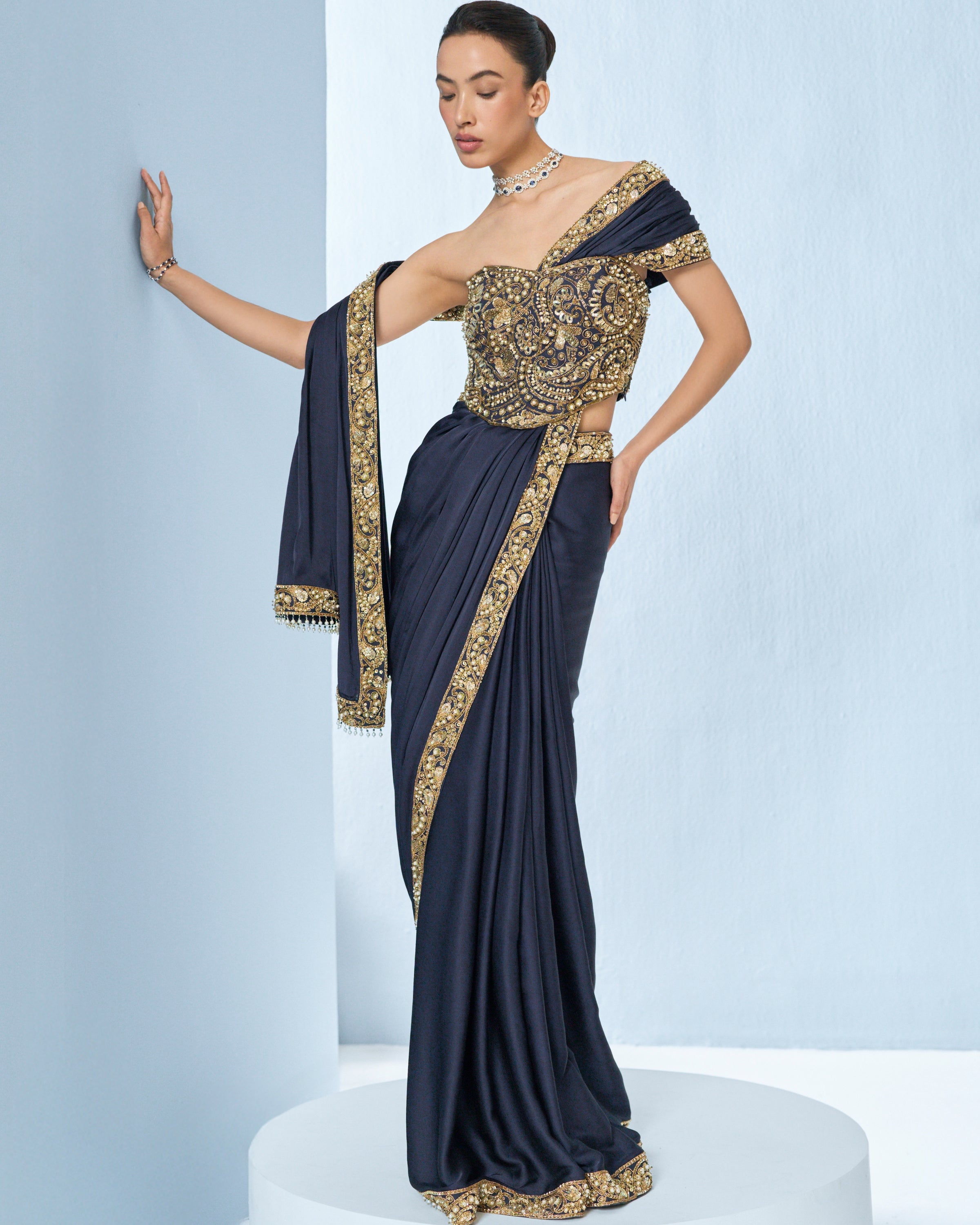 Midnight Blue Satin Sari And Corset Blouse