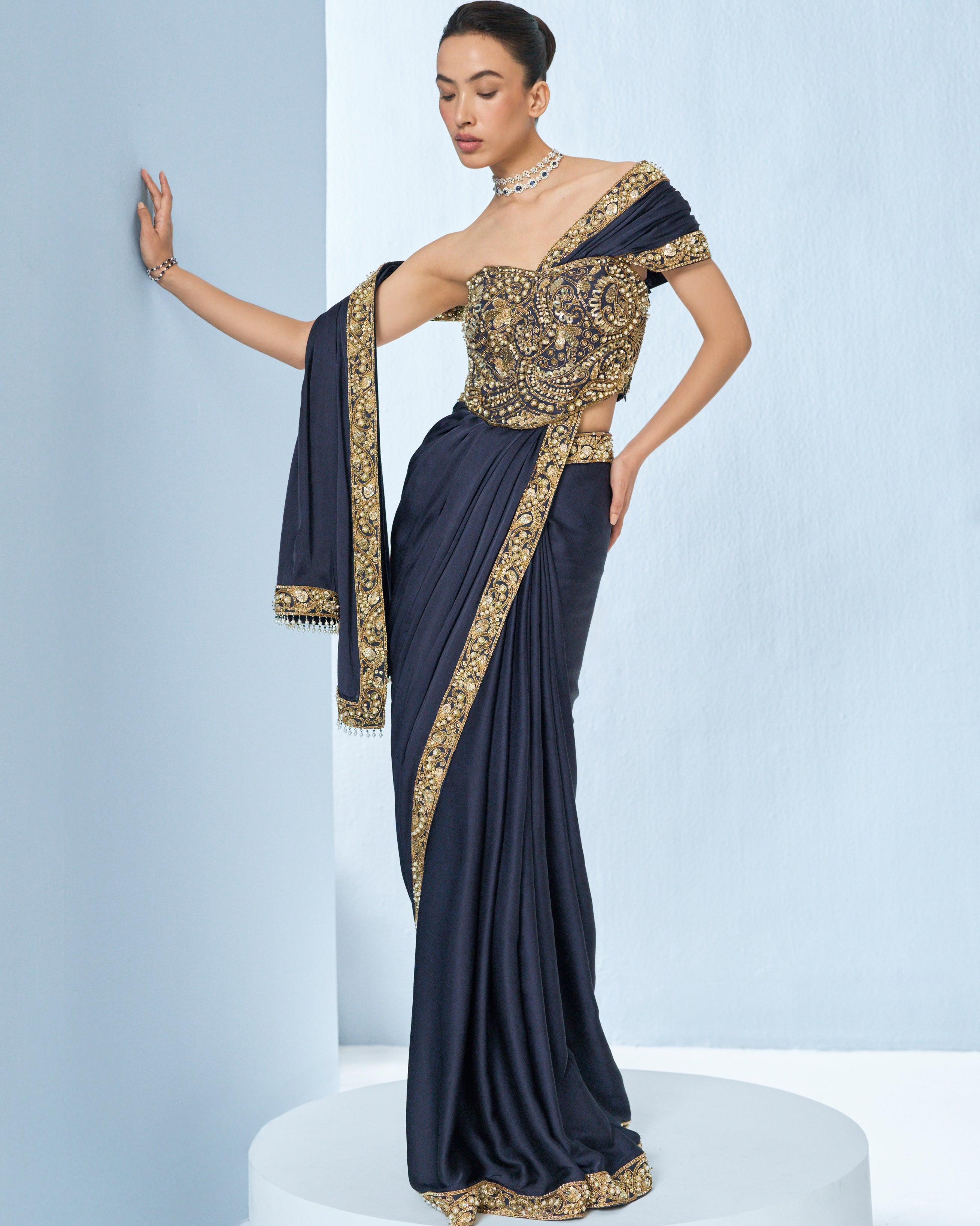 Midnight Blue Satin Sari And Corset Blouse