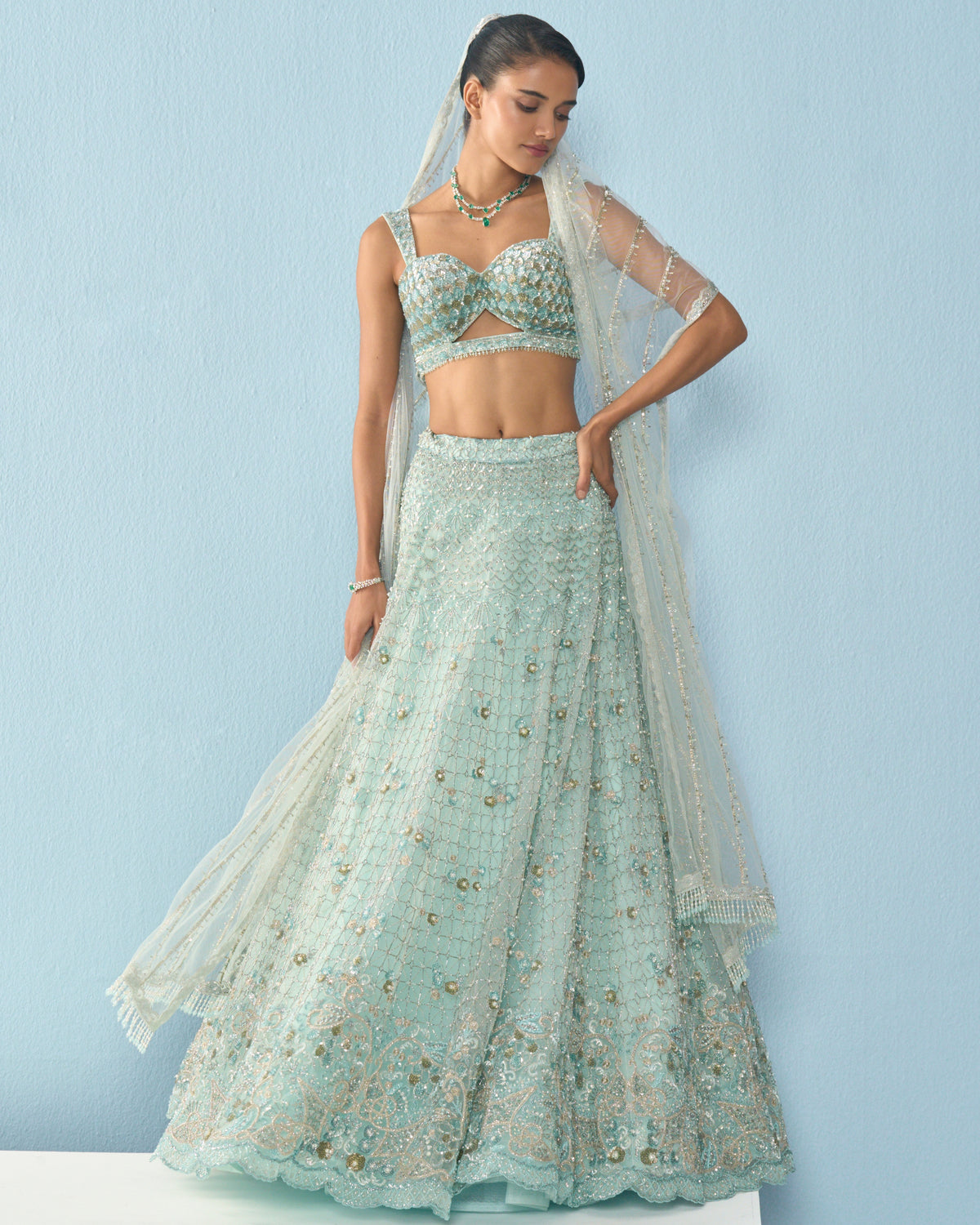 Aqua Blue Tulle Lehenga Set