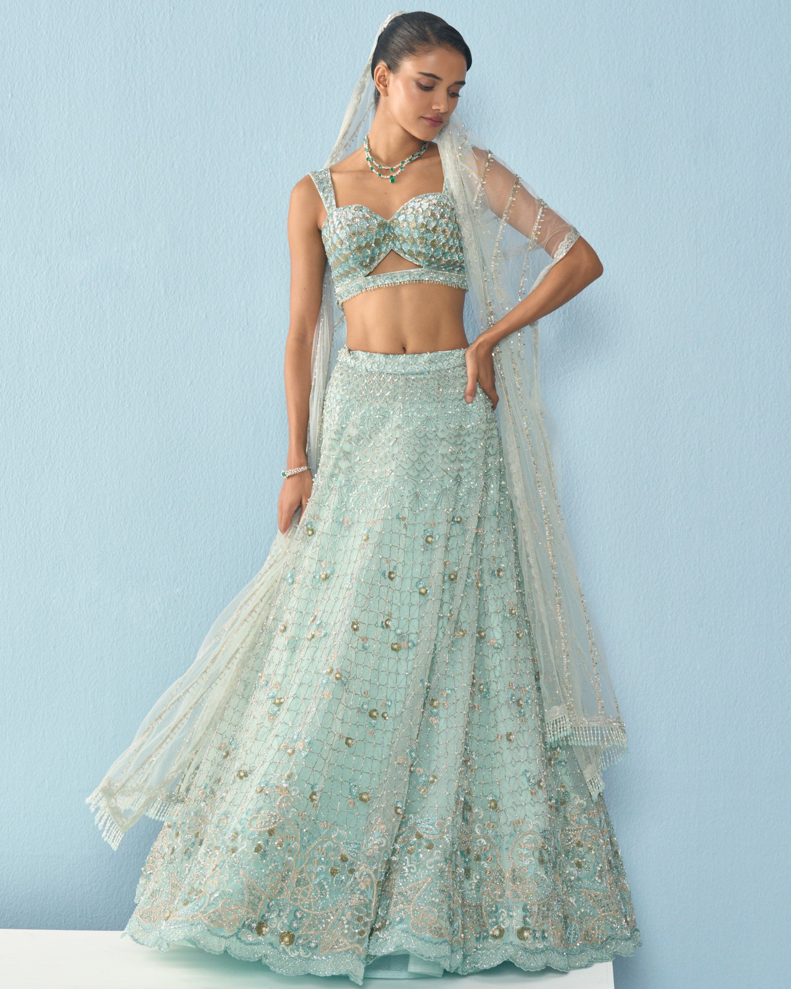 Aqua Blue Tulle Lehenga Set