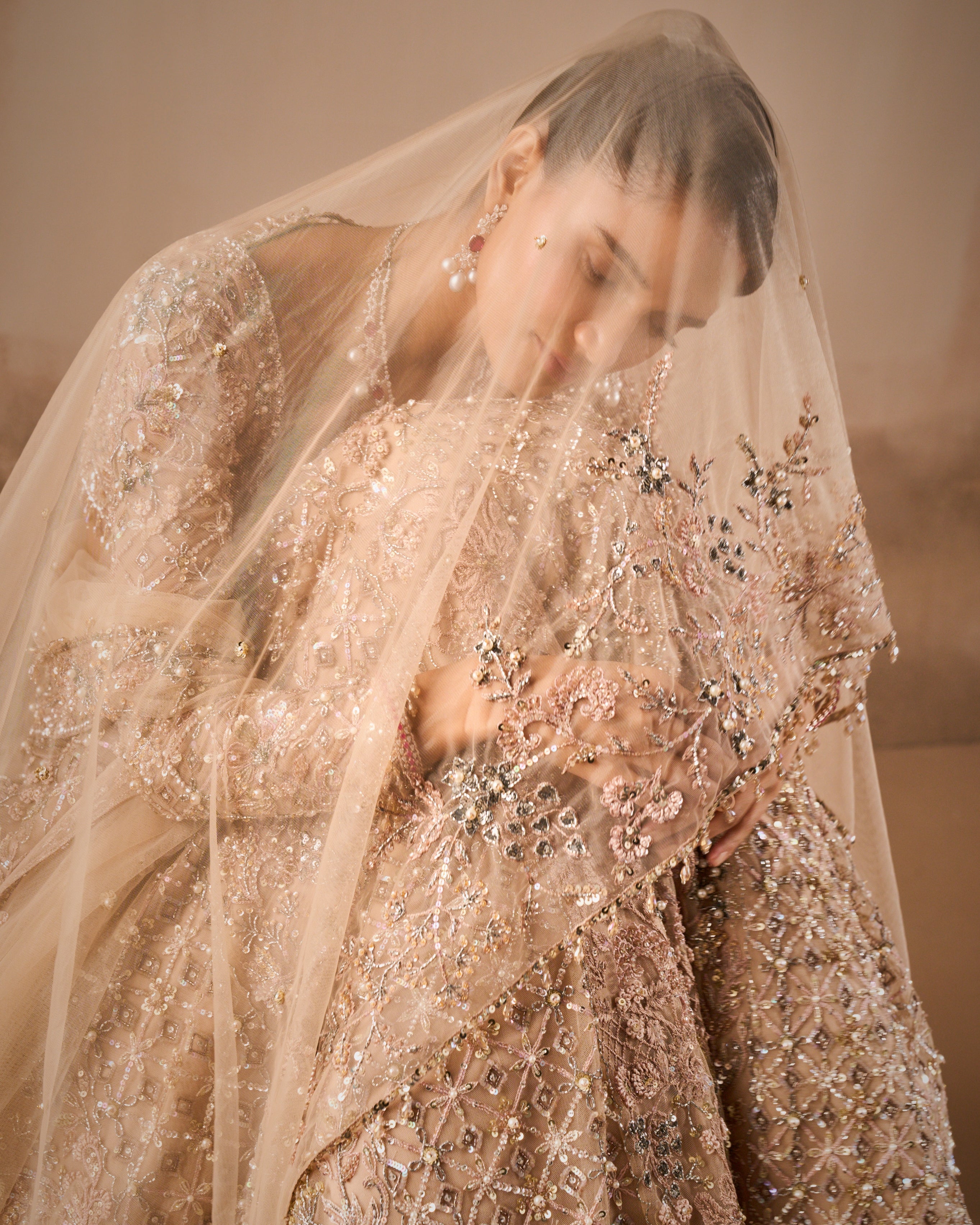 Beige Nude Tulle Lehenga Set