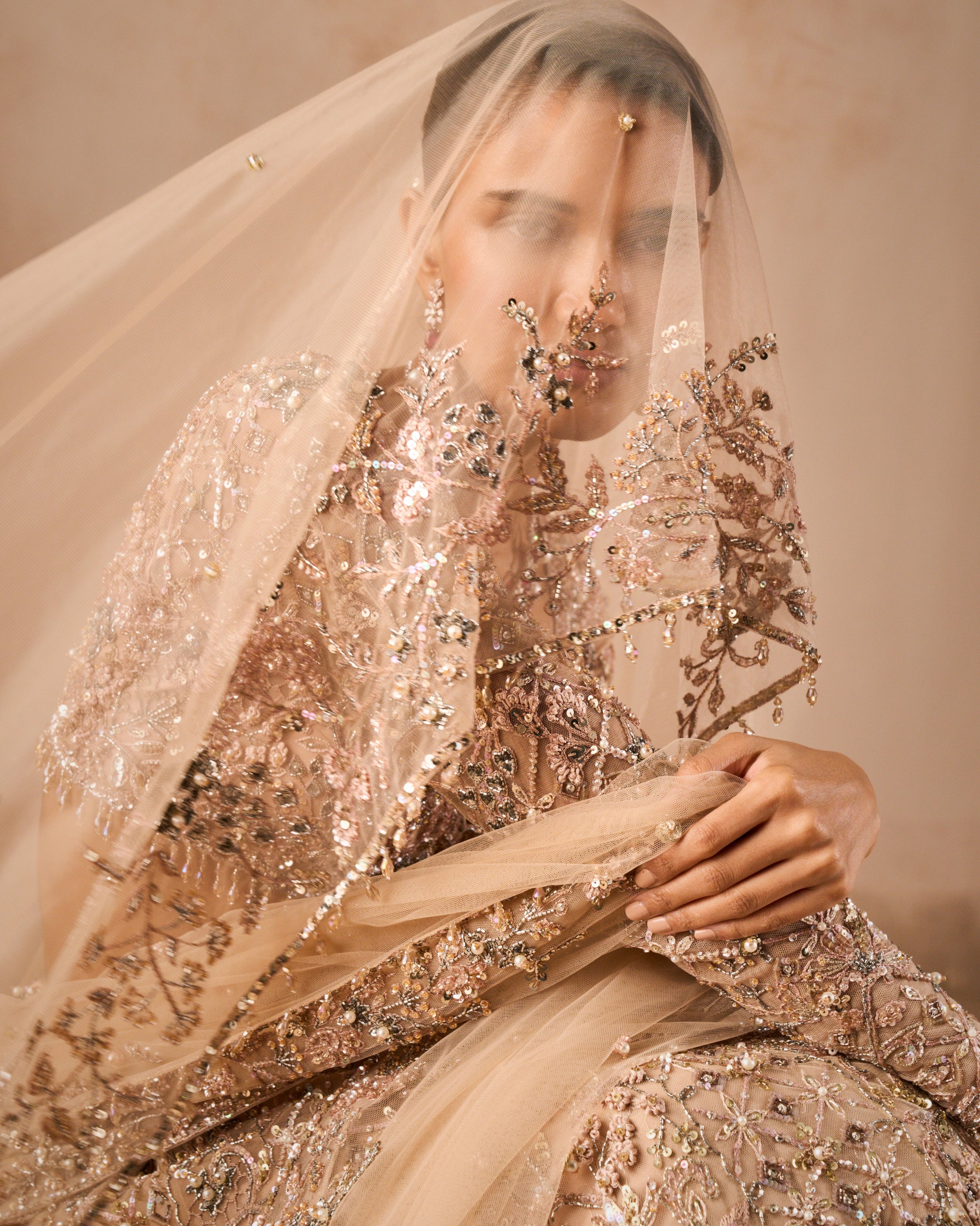 Beige Nude Tulle Lehenga Set