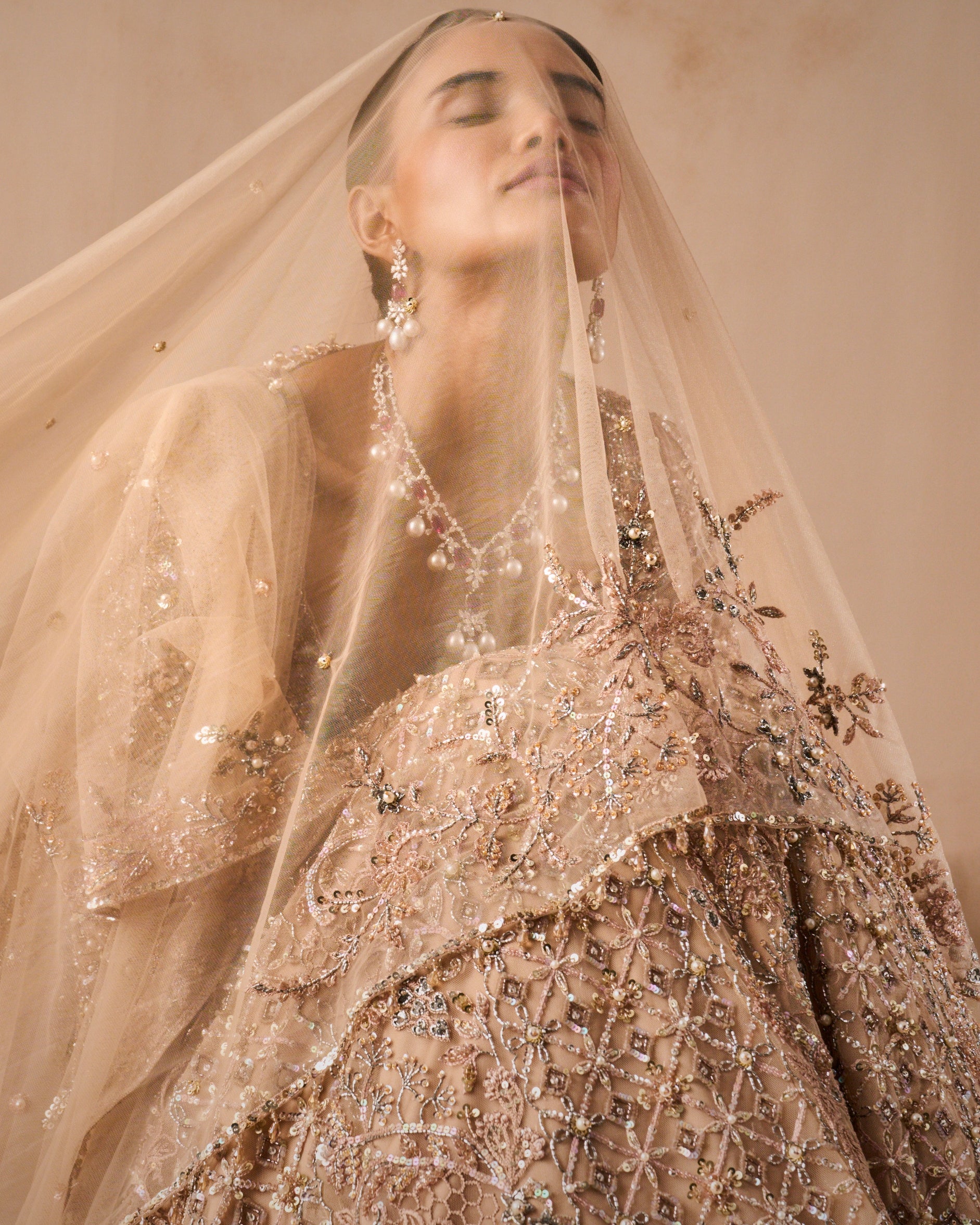 Beige Nude Tulle Lehenga Set