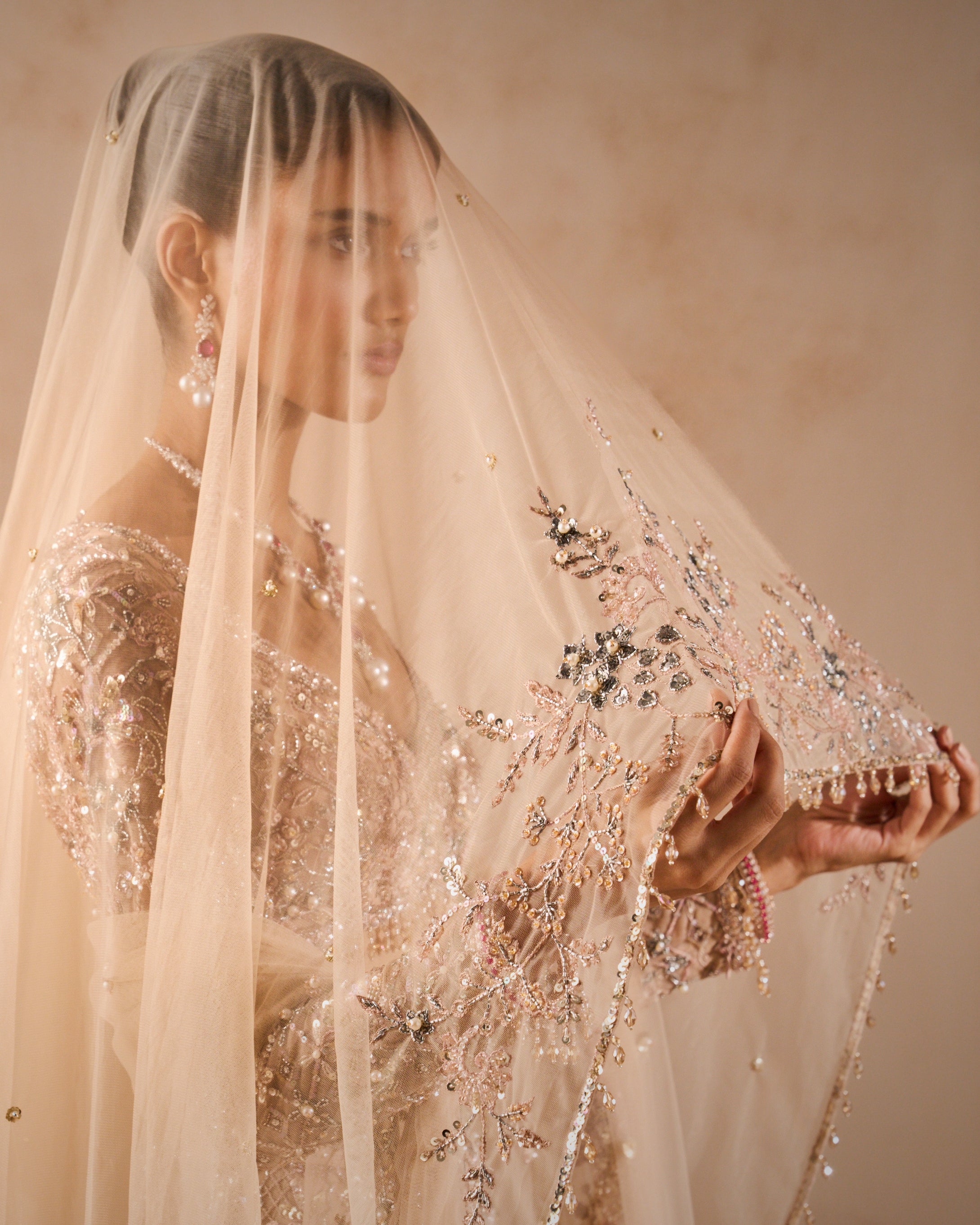 Beige Nude Tulle Lehenga Set