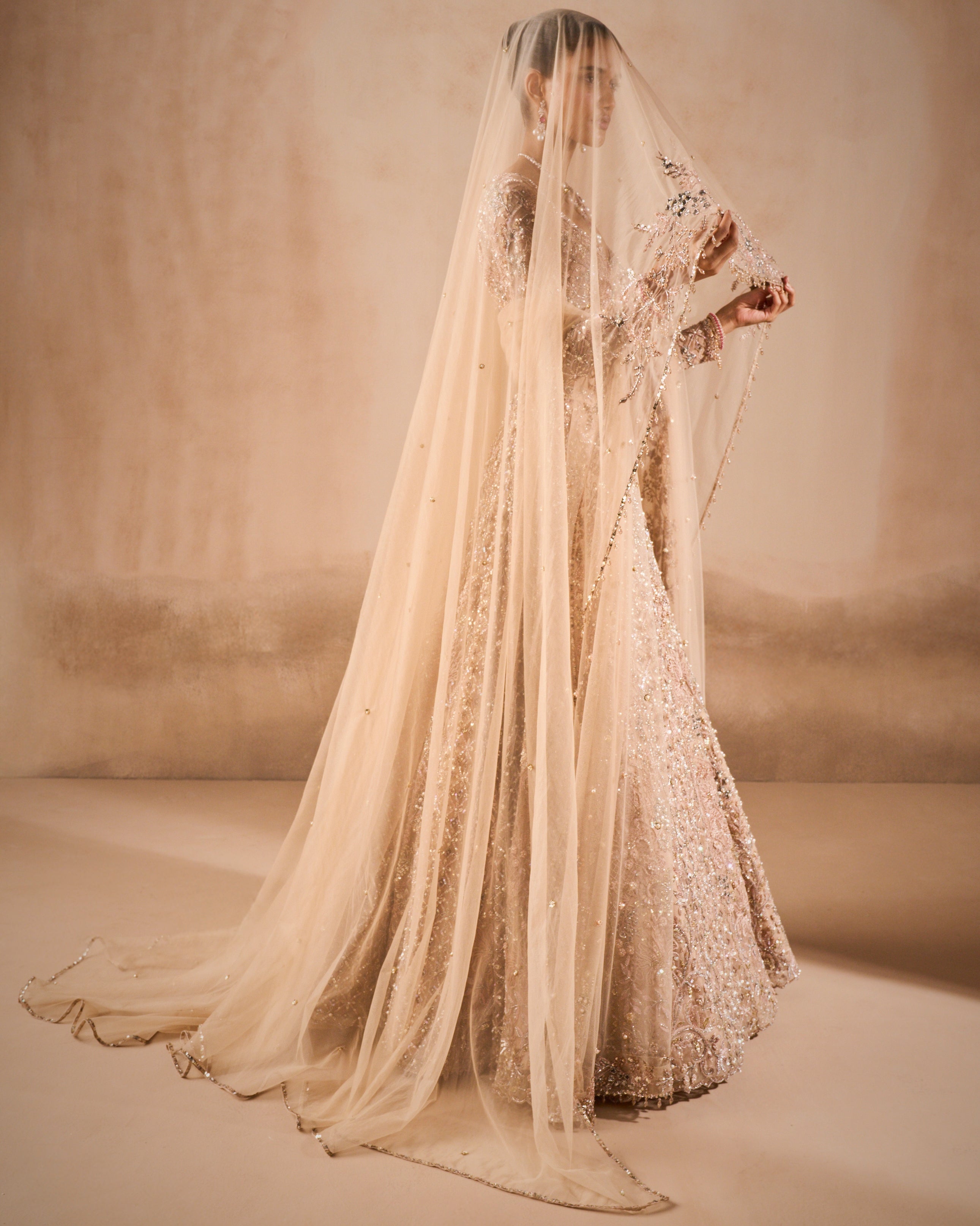 Beige Nude Tulle Lehenga Set