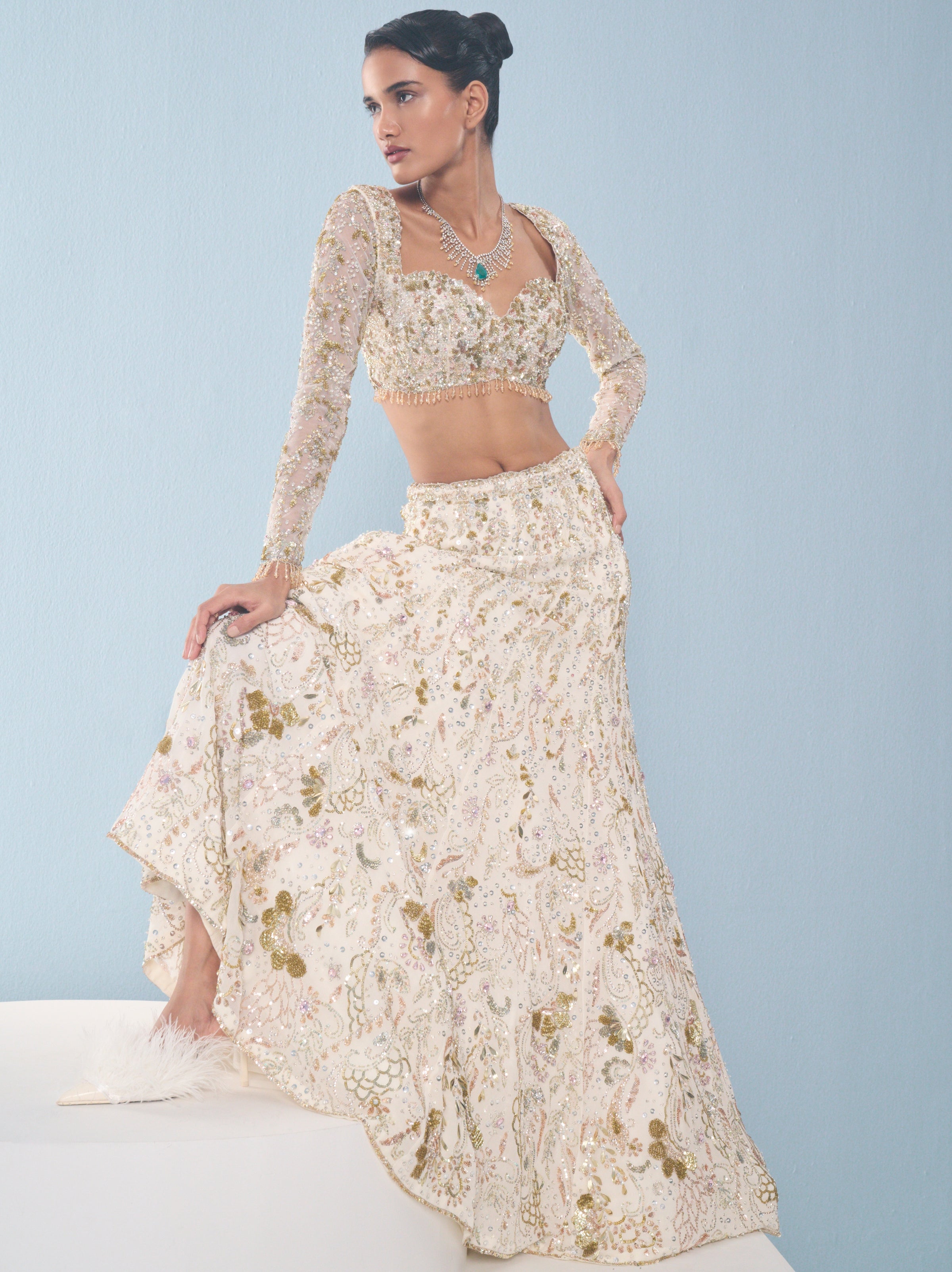 Ivory Georgette Fitted Lehenga Set
