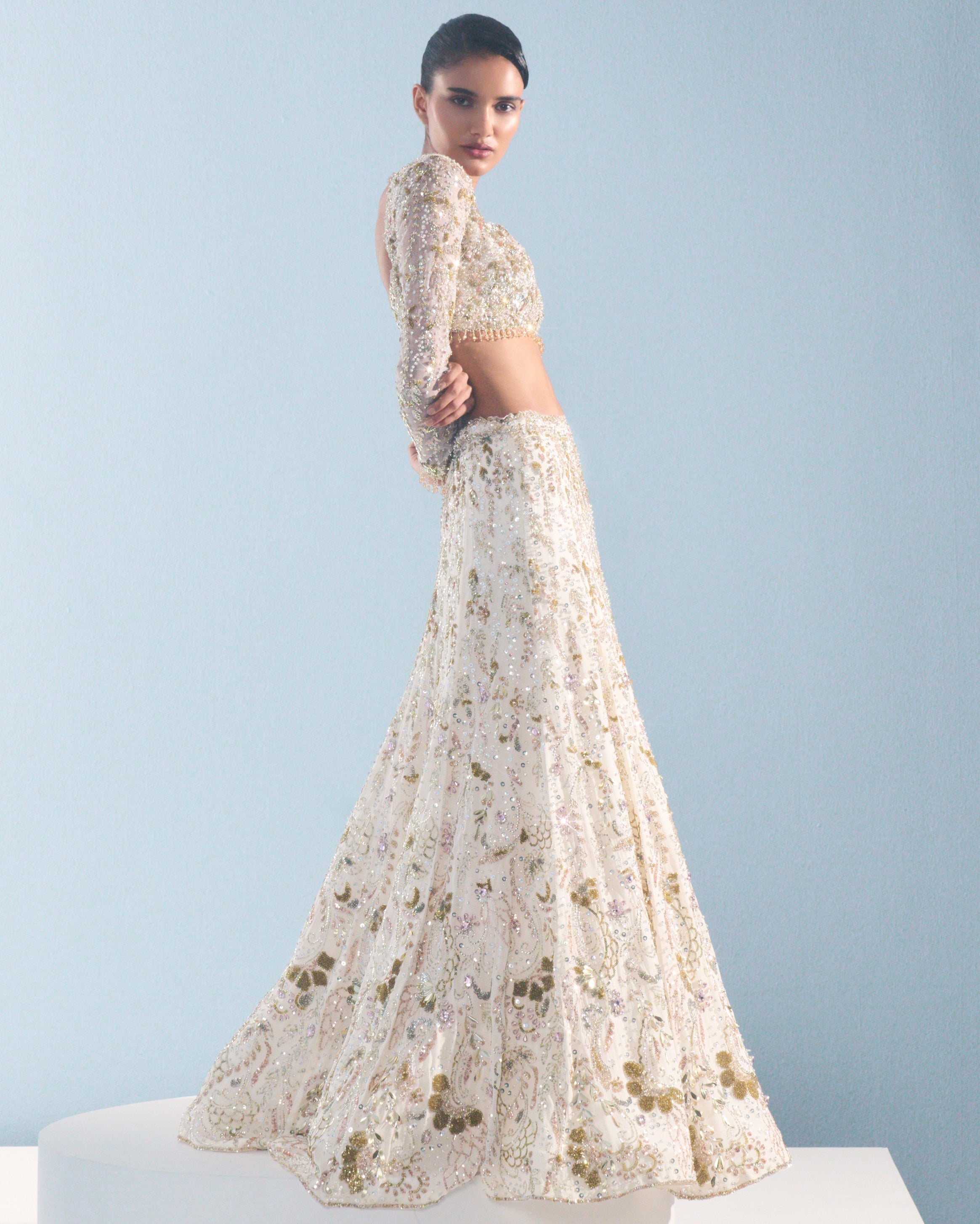 Ivory Georgette Fitted Lehenga Set