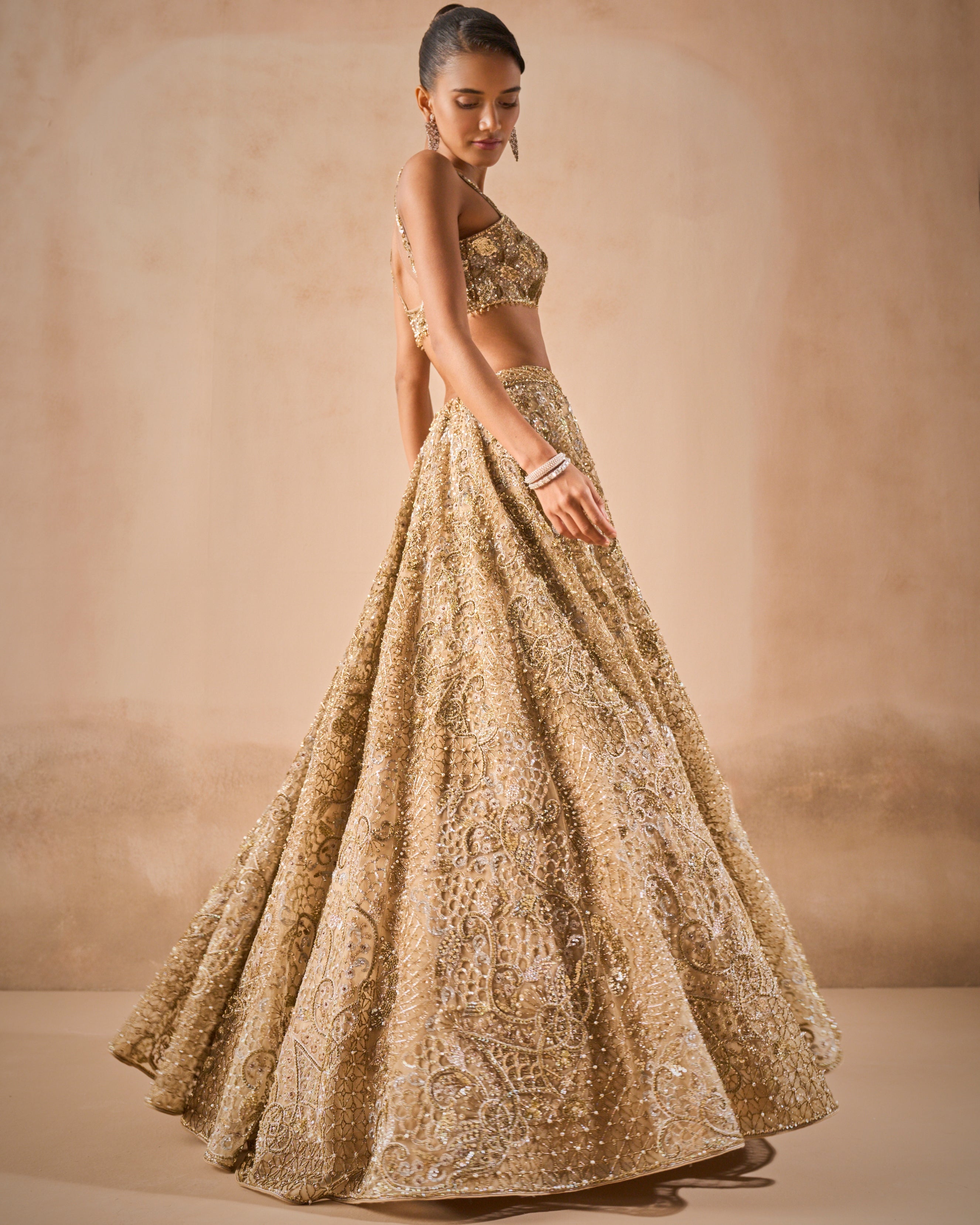 Beige Gold Tulle Sparkle Lehenga Set