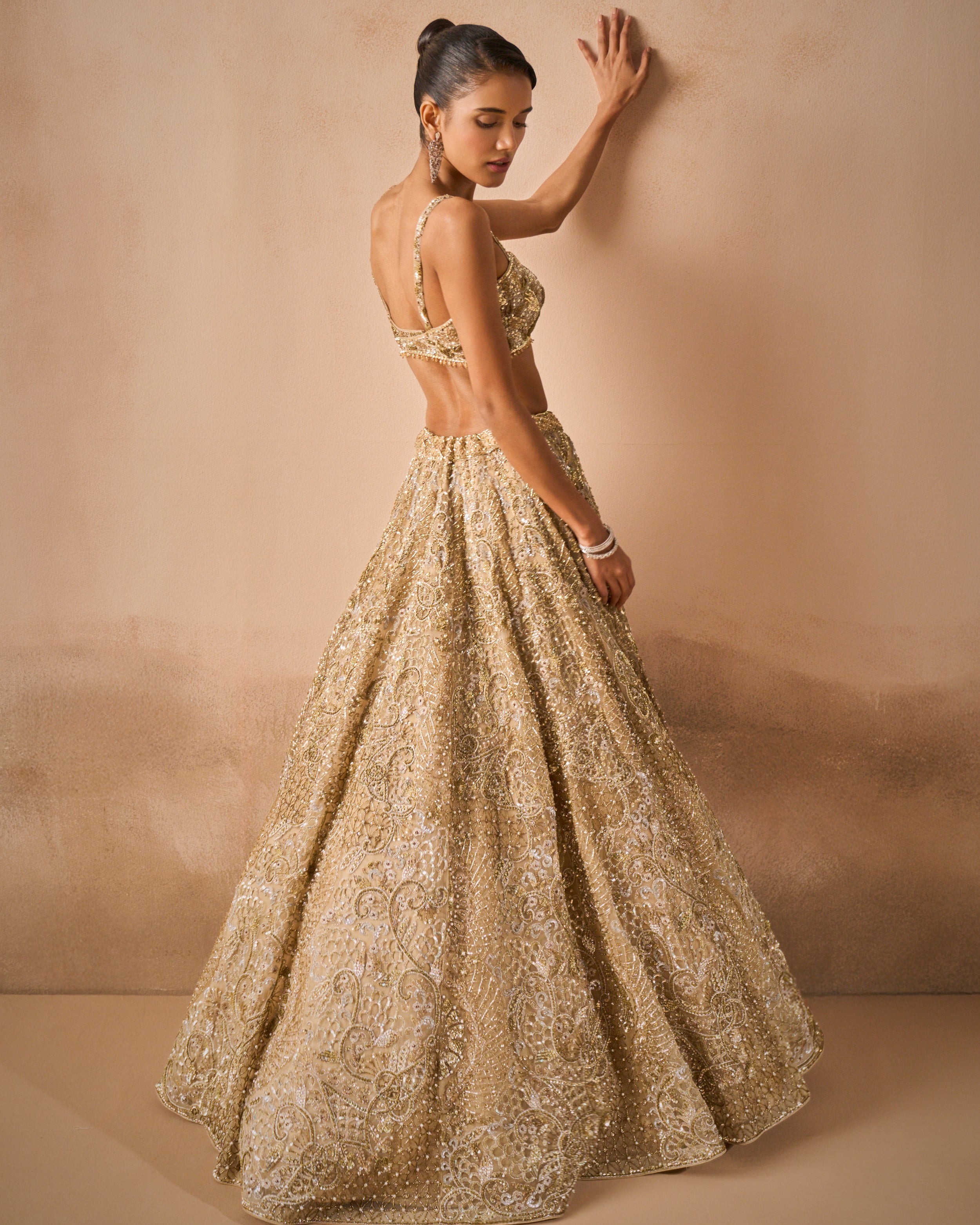 Beige Gold Tulle Sparkle Lehenga Set