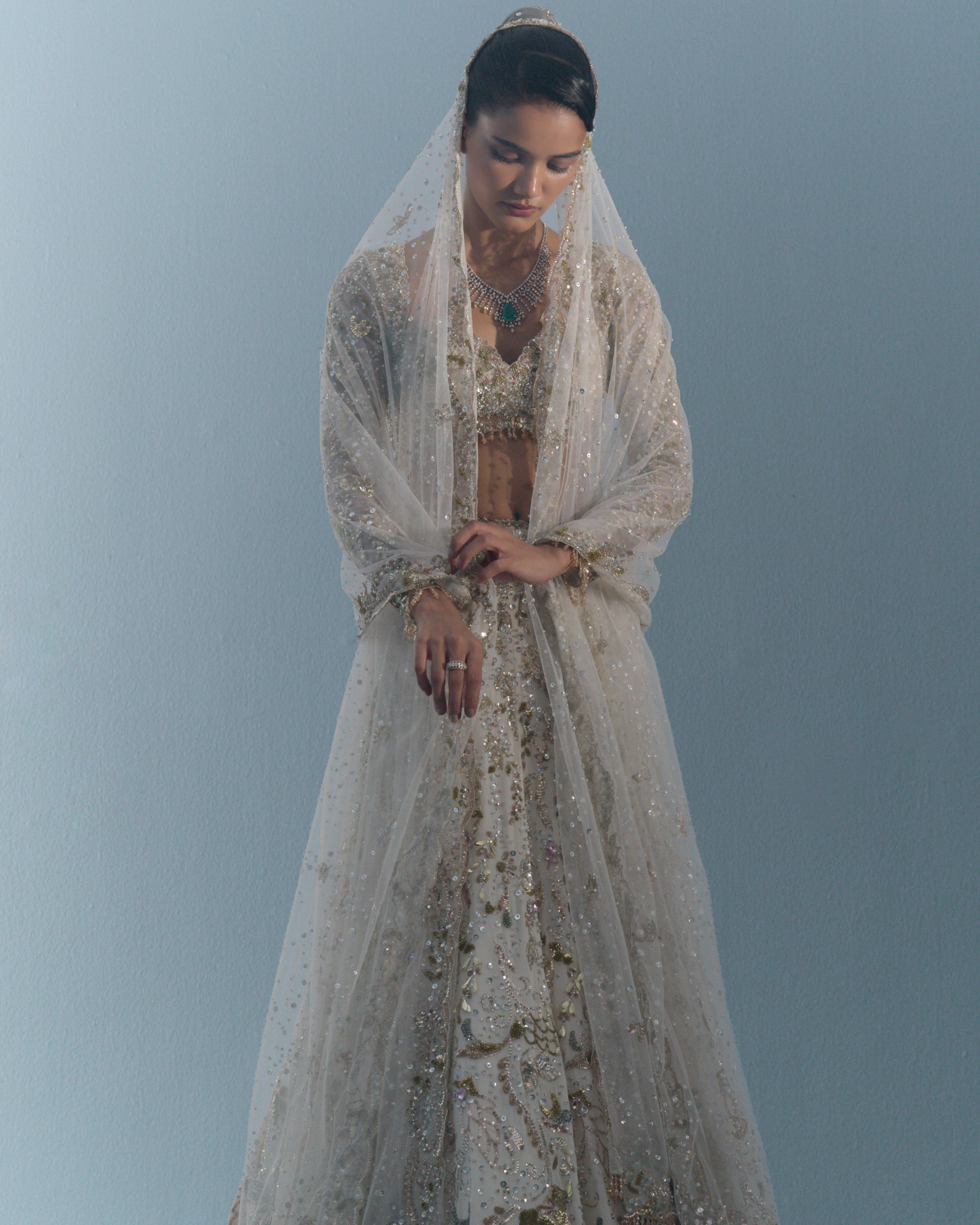 Ivory Georgette Fitted Lehenga Set