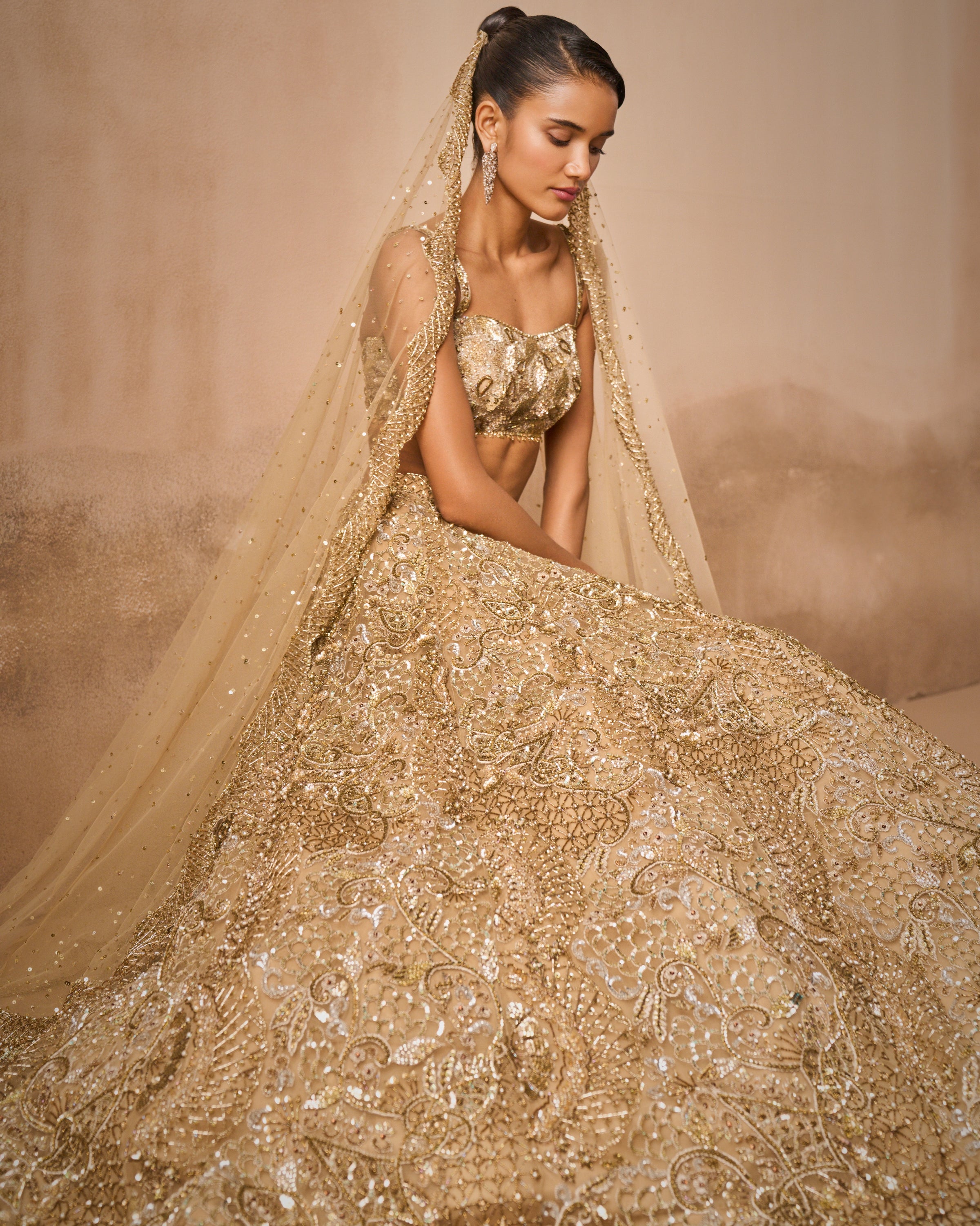 Beige Gold Tulle Sparkle Lehenga Set