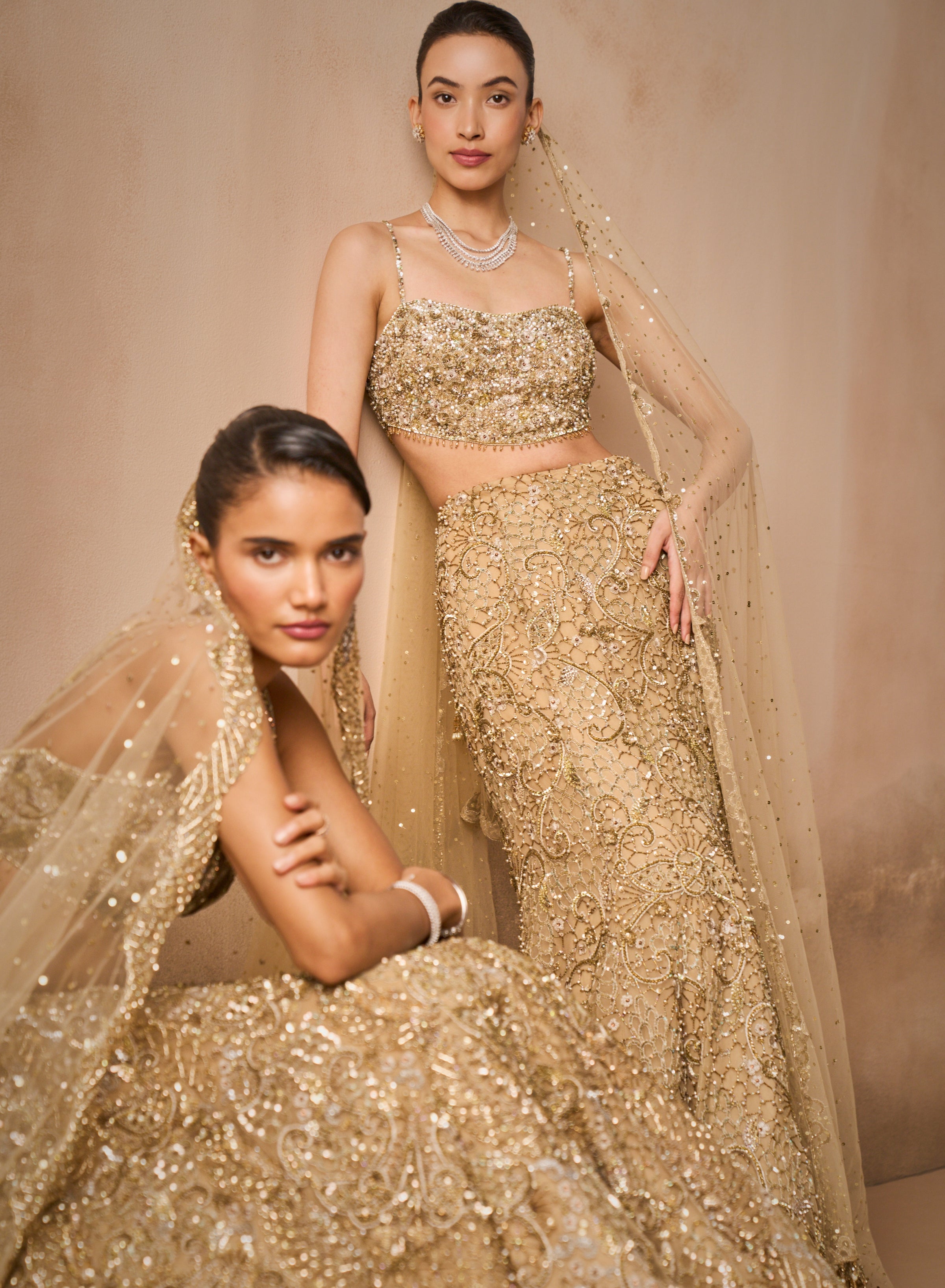 Beige Gold Sparkle Tulle Fit And Flare Lehenga Set