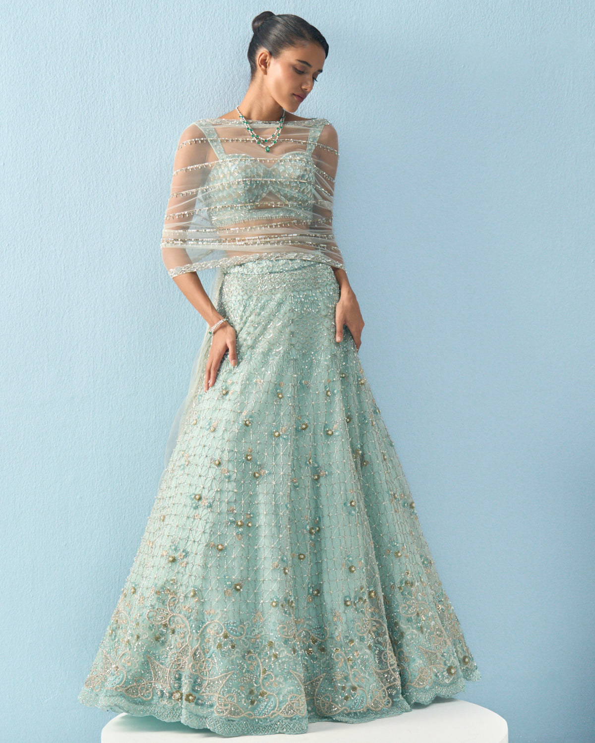 Aqua Blue Tulle Lehenga Set