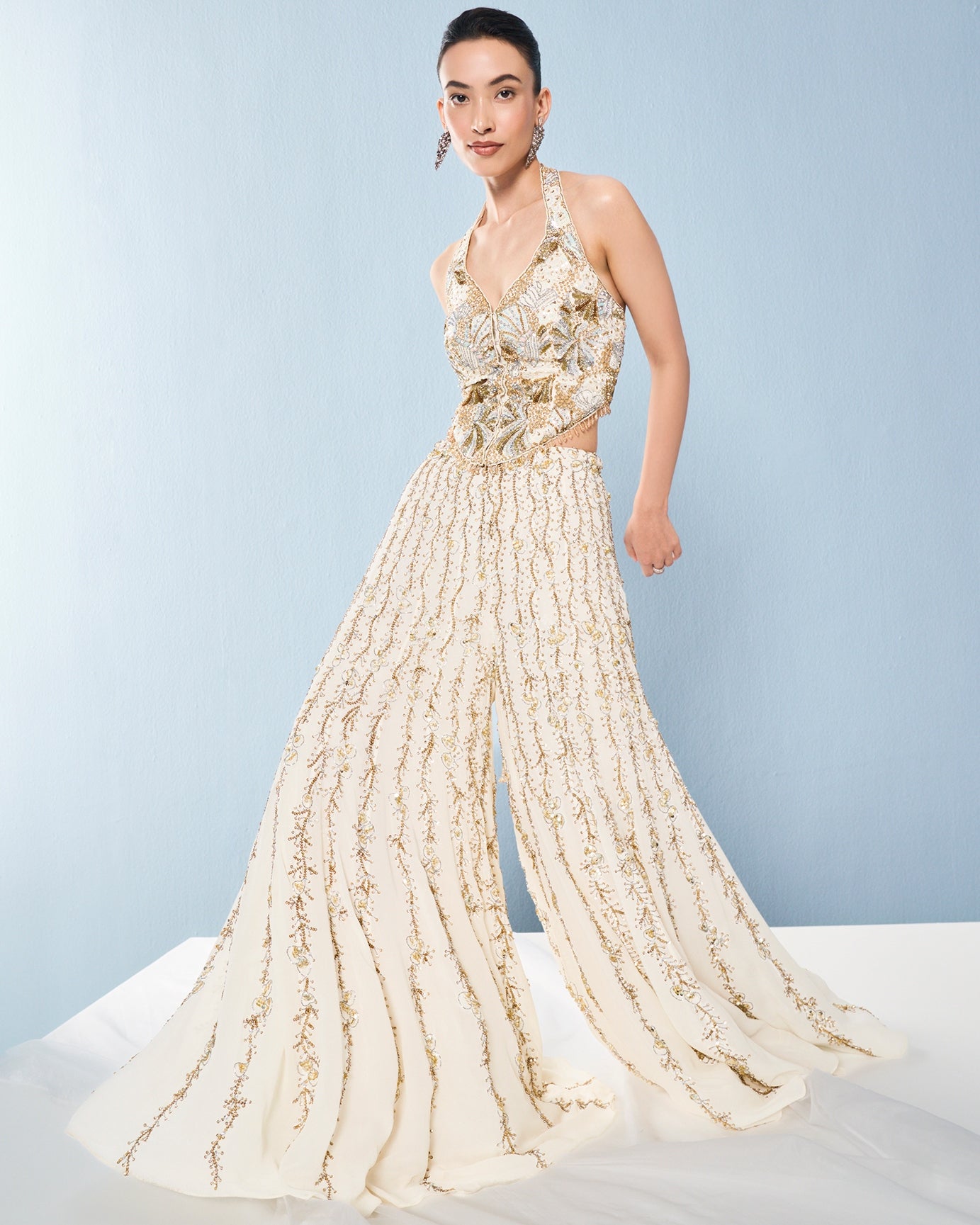 Ivory Georgette High Waist Sharara And Corset