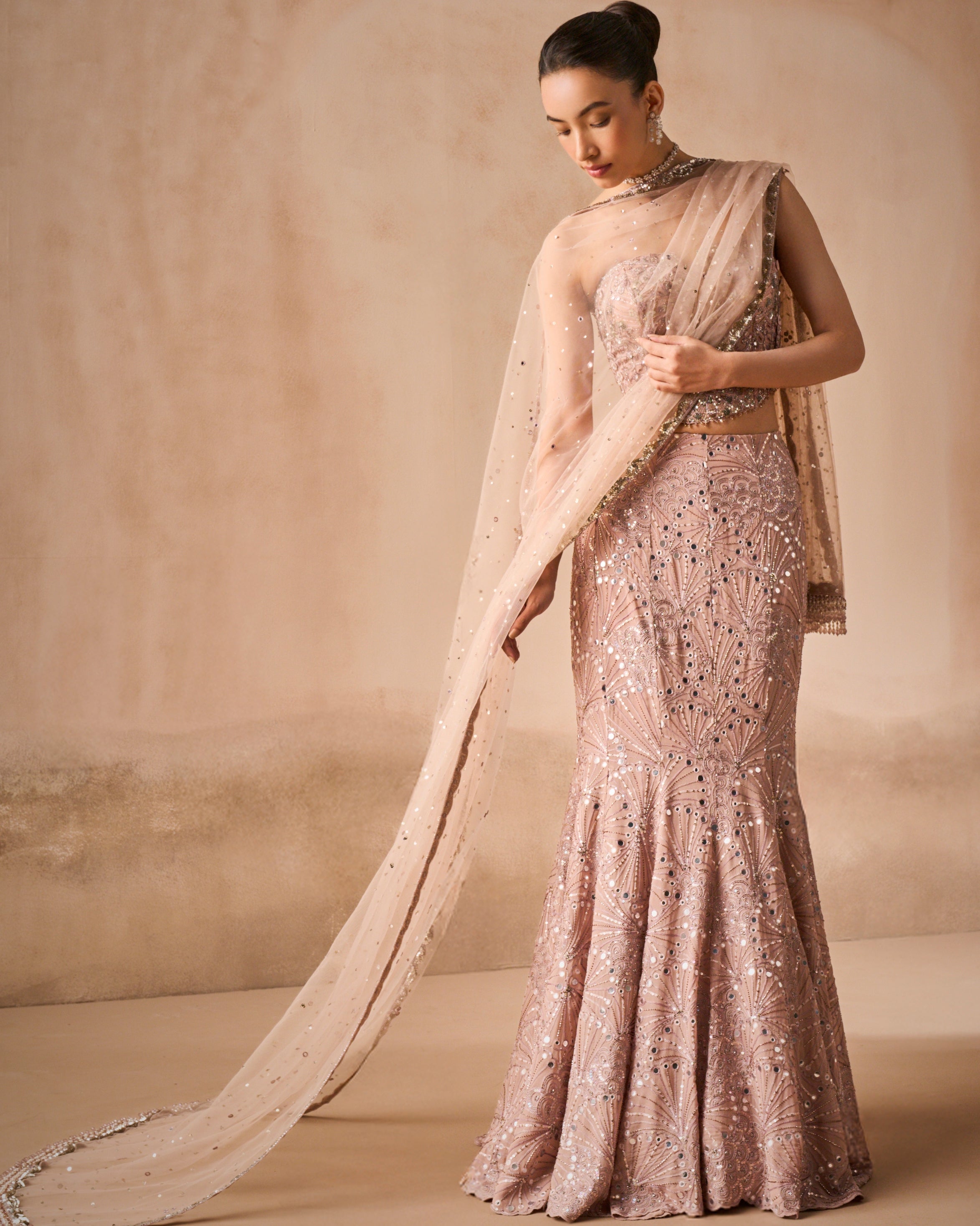 Mauve Pink Georgette Fit And Flare Lehenga Set
