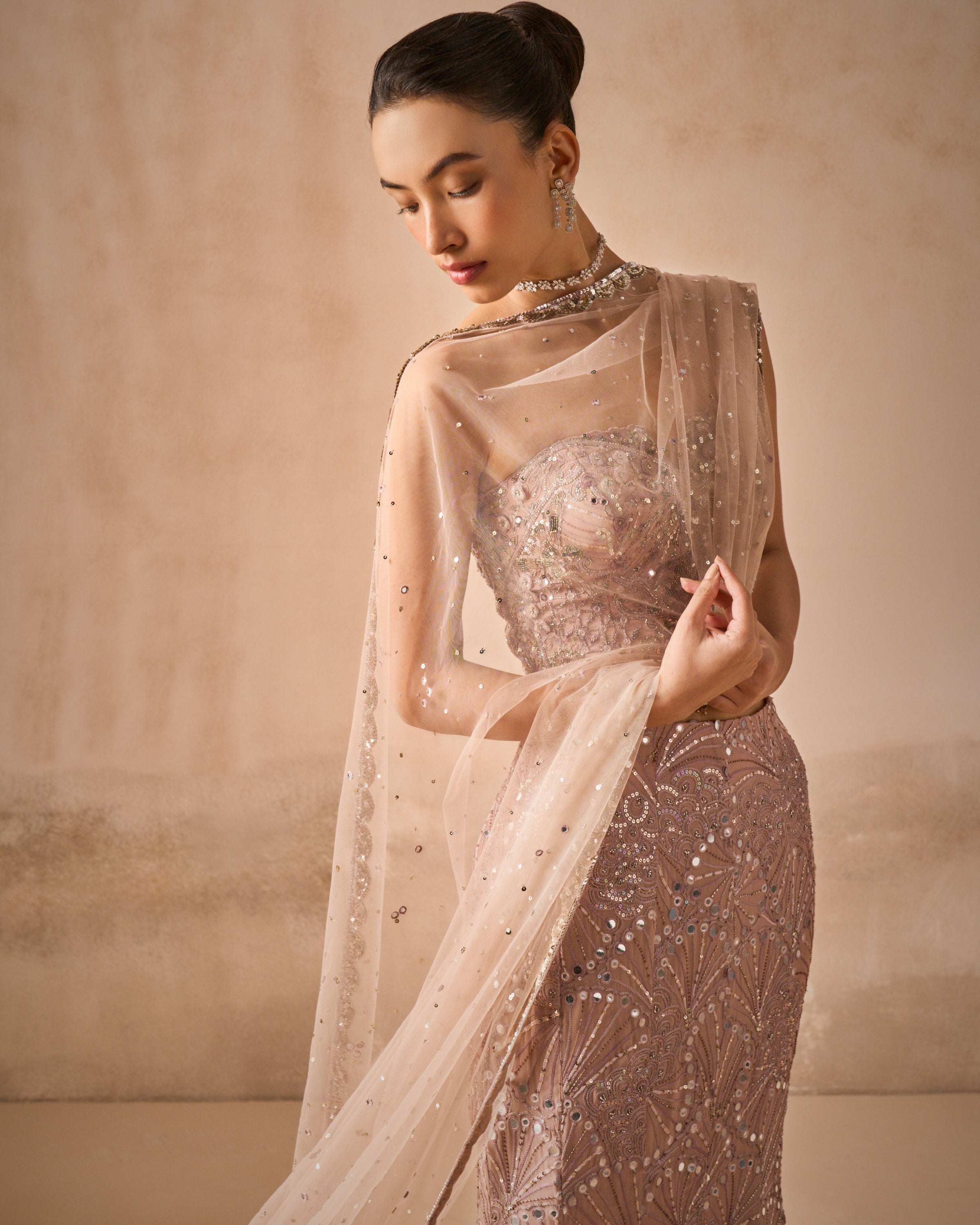 Mauve Pink Georgette Fit And Flare Lehenga Set