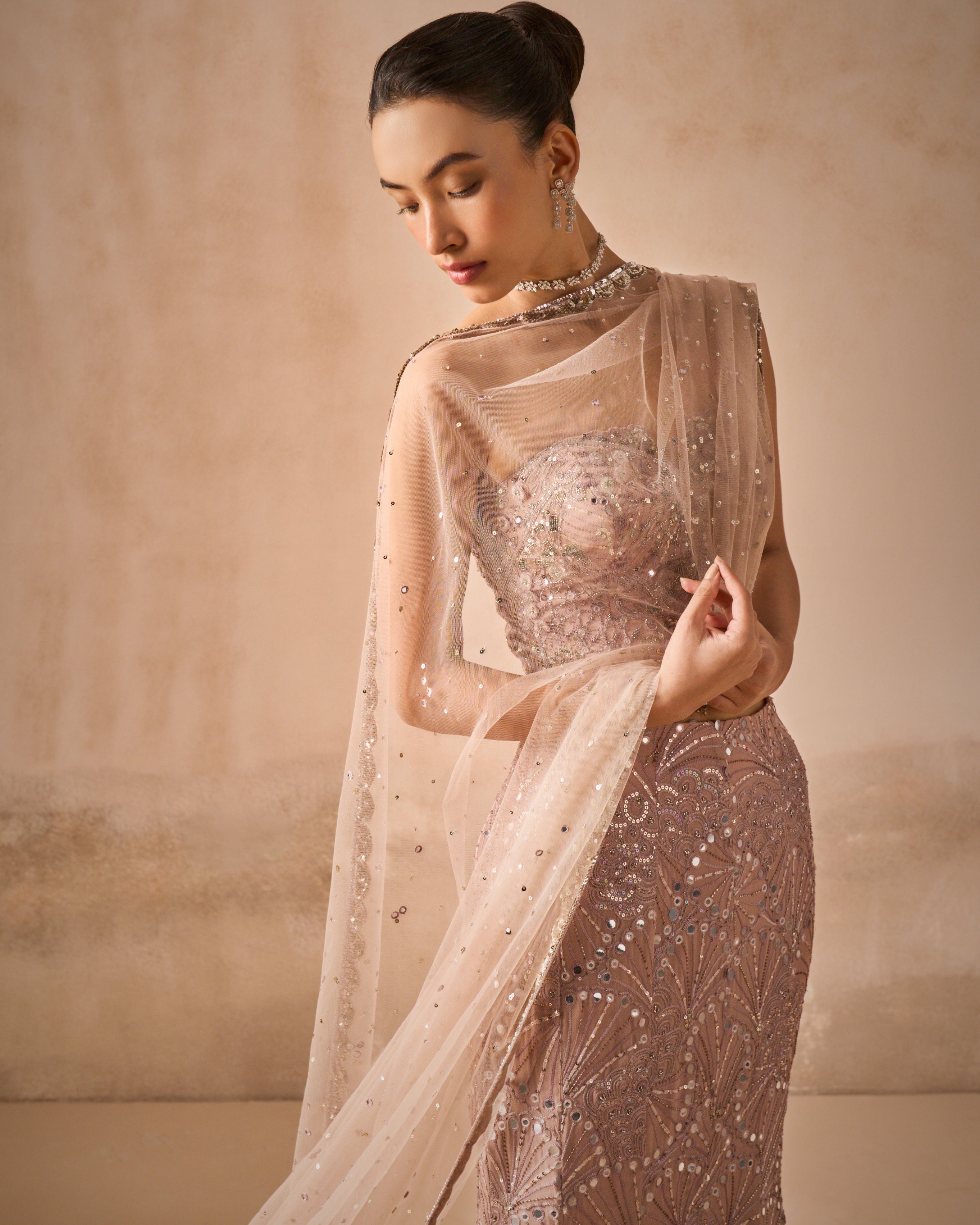 Mauve Pink Georgette Fit And Flare Lehenga Set