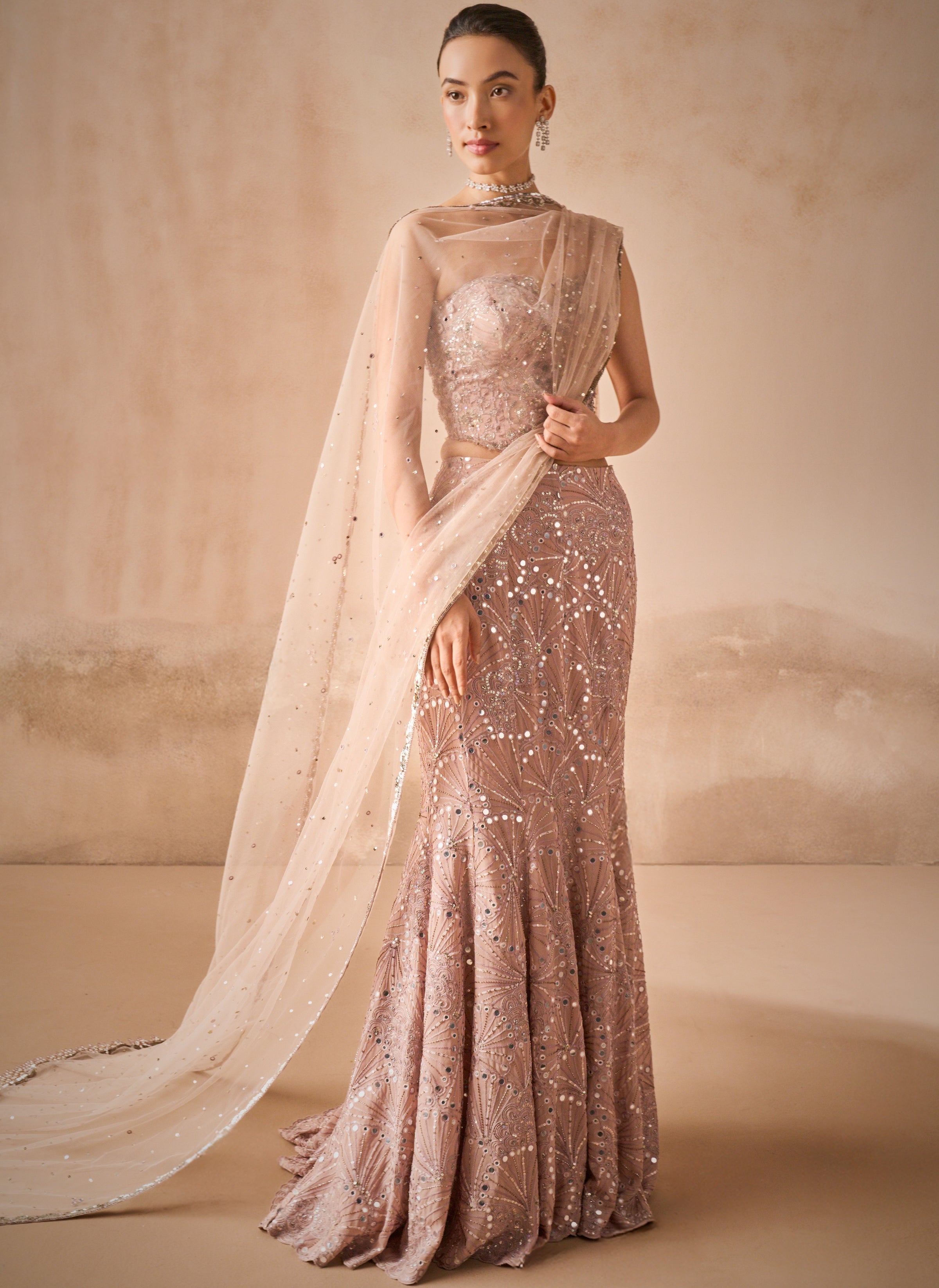 Mauve Pink Georgette Fit And Flare Lehenga Set