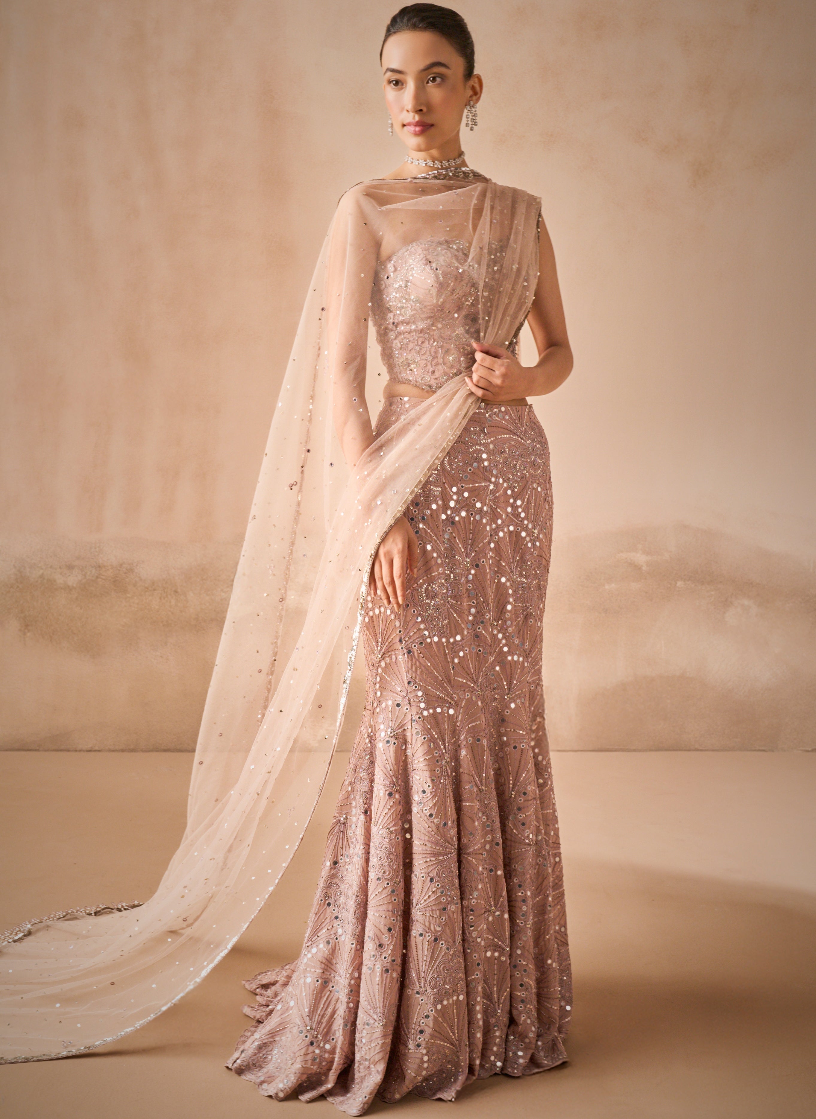 Mauve Pink Georgette Fit And Flare Lehenga Set