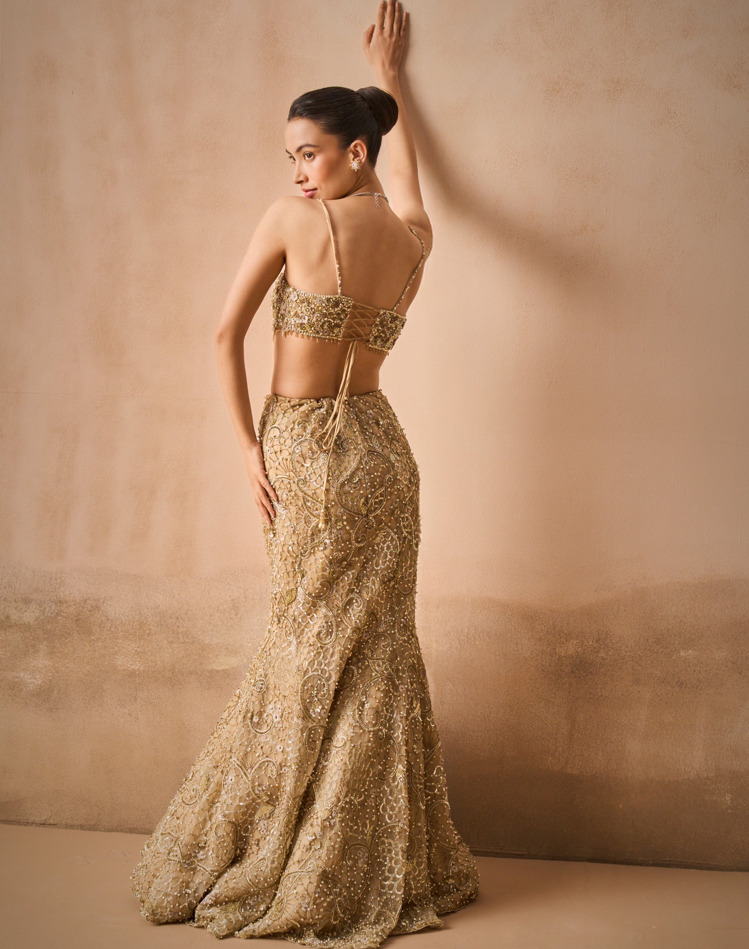 Beige Gold Sparkle Tulle Fit And Flare Lehenga Set