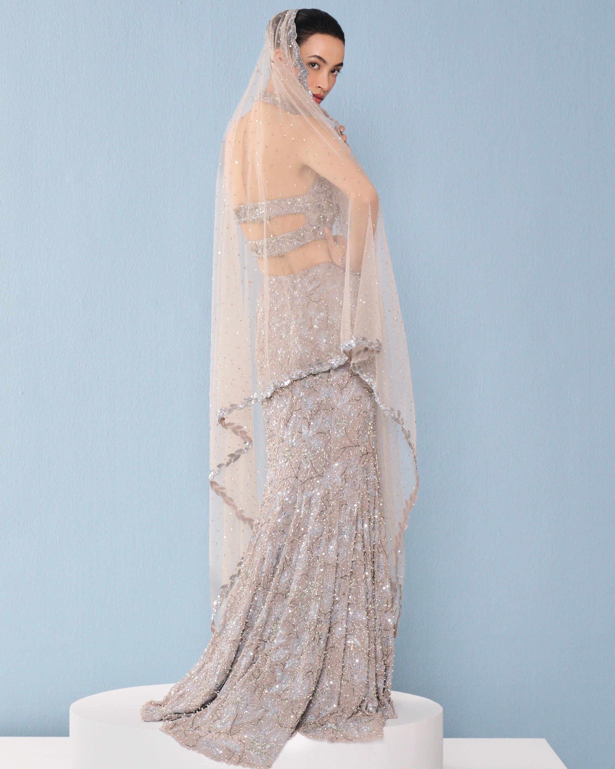 Grey Tulle Fit And Flare Lehenga Set