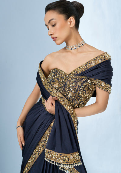 Midnight Blue Satin Sari And Corset Blouse