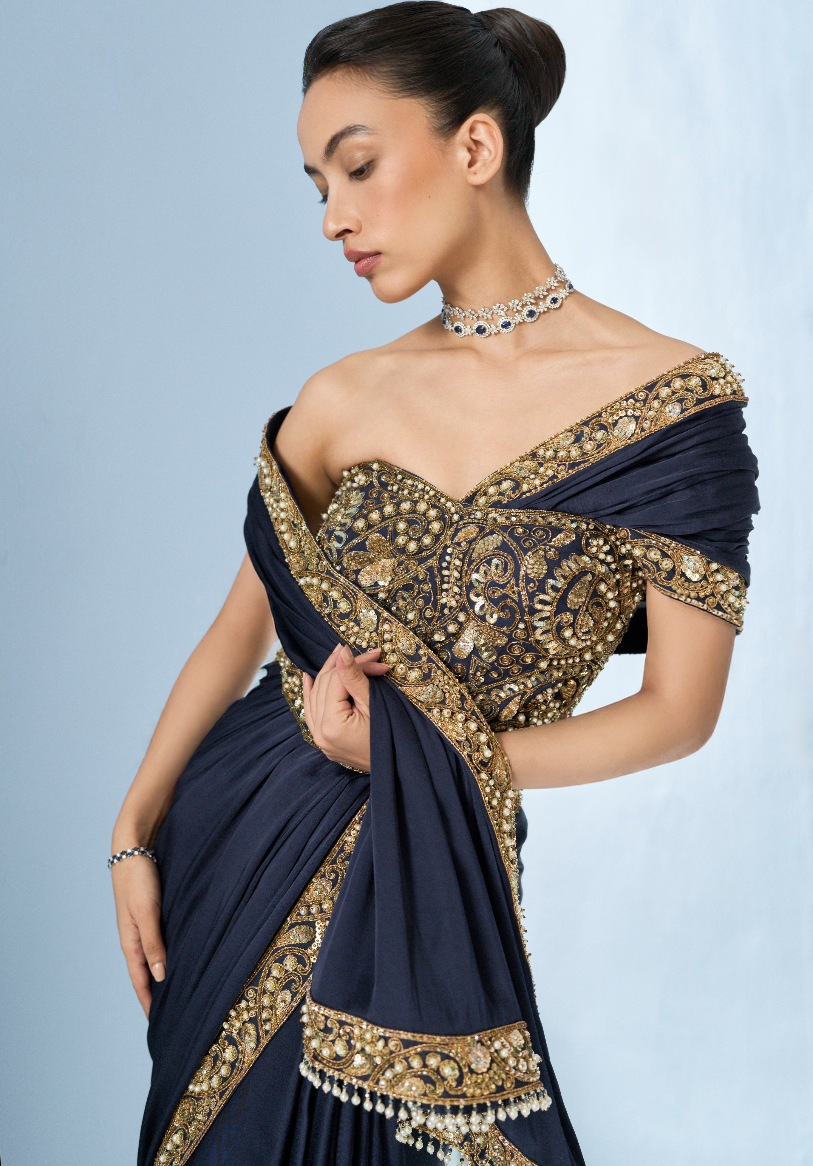 Midnight Blue Satin Sari And Corset Blouse
