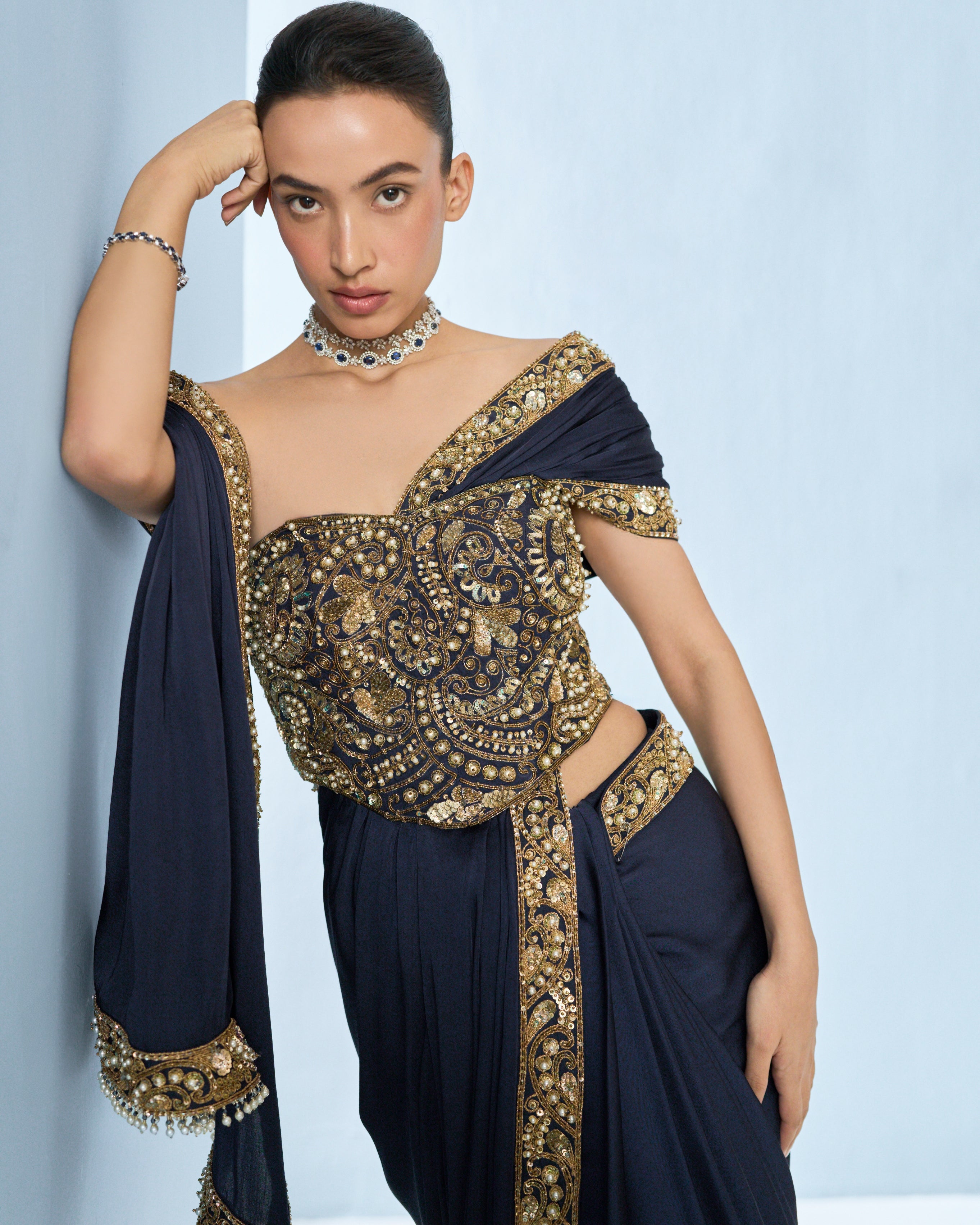 Midnight Blue Satin Sari And Corset Blouse