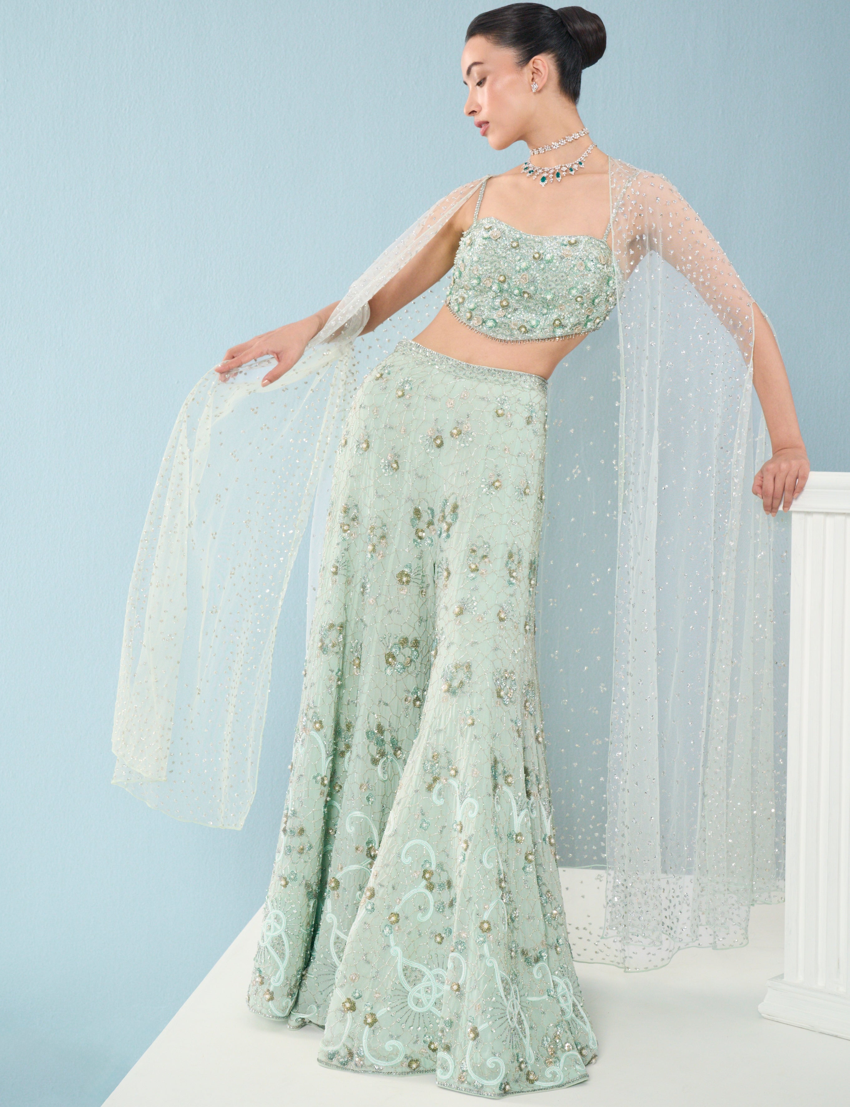 Sea Green Georgette High Waist Sharara And Cape Set