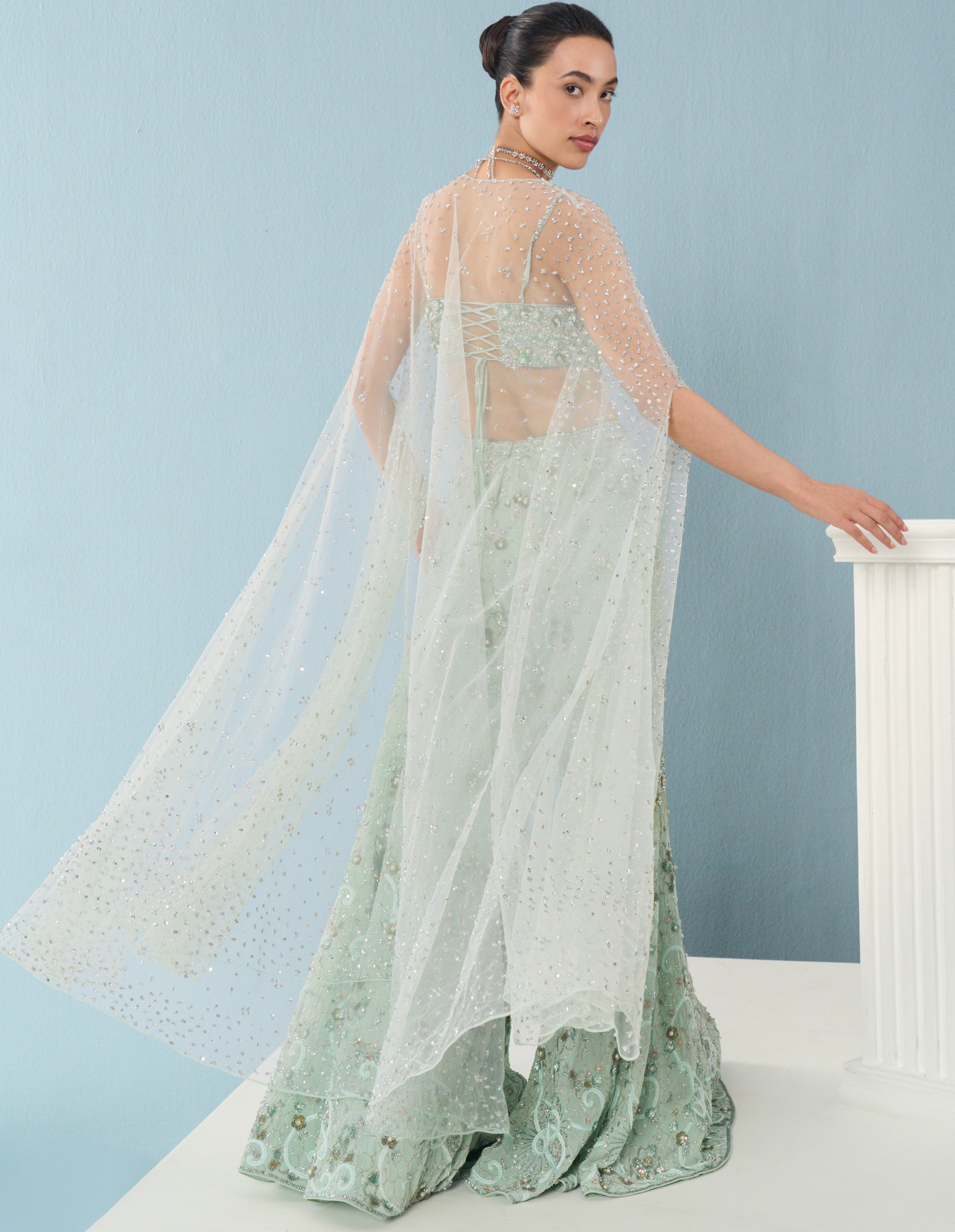 Sea Green Georgette High Waist Sharara And Cape Set