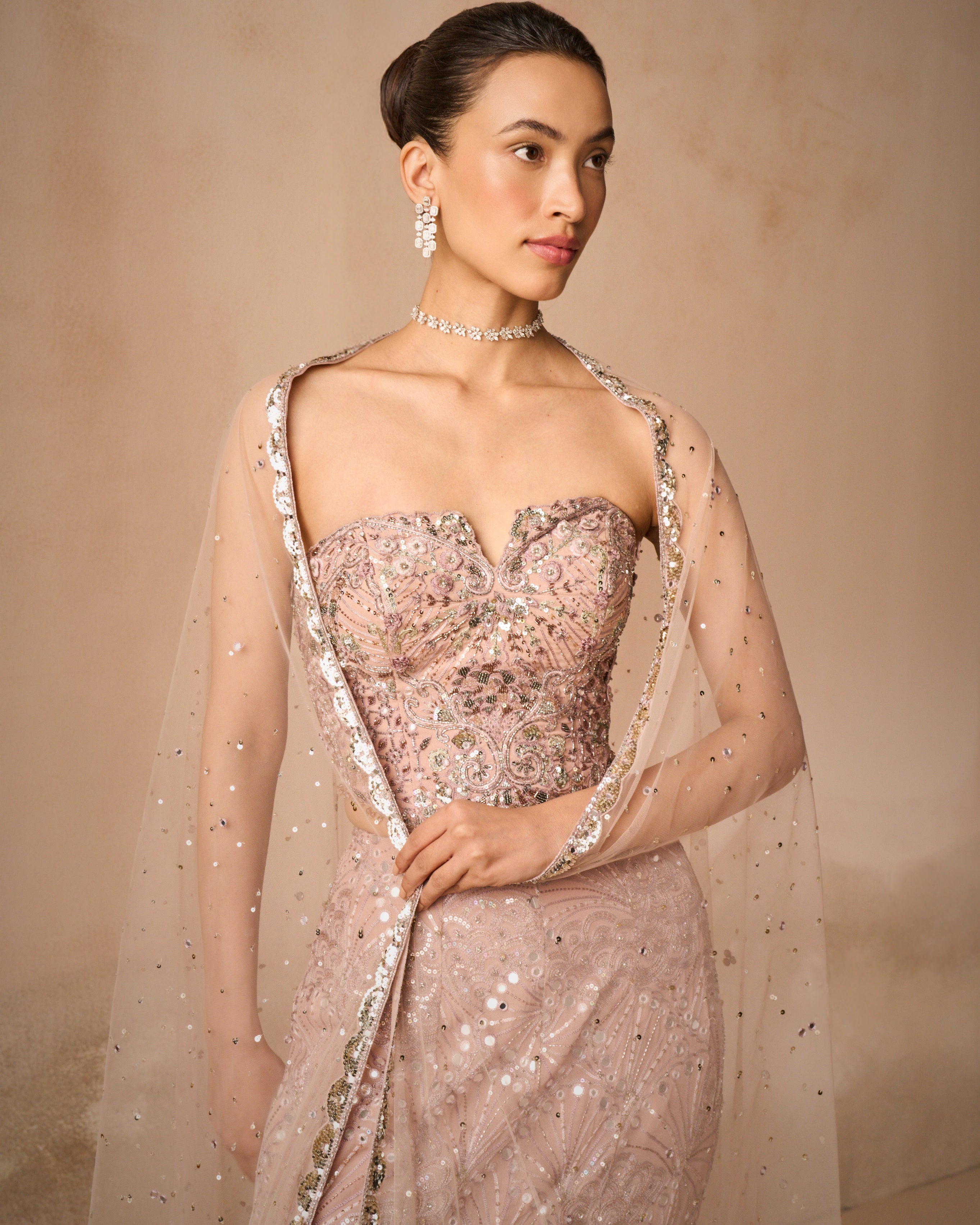 Mauve Pink Georgette Fit And Flare Lehenga Set