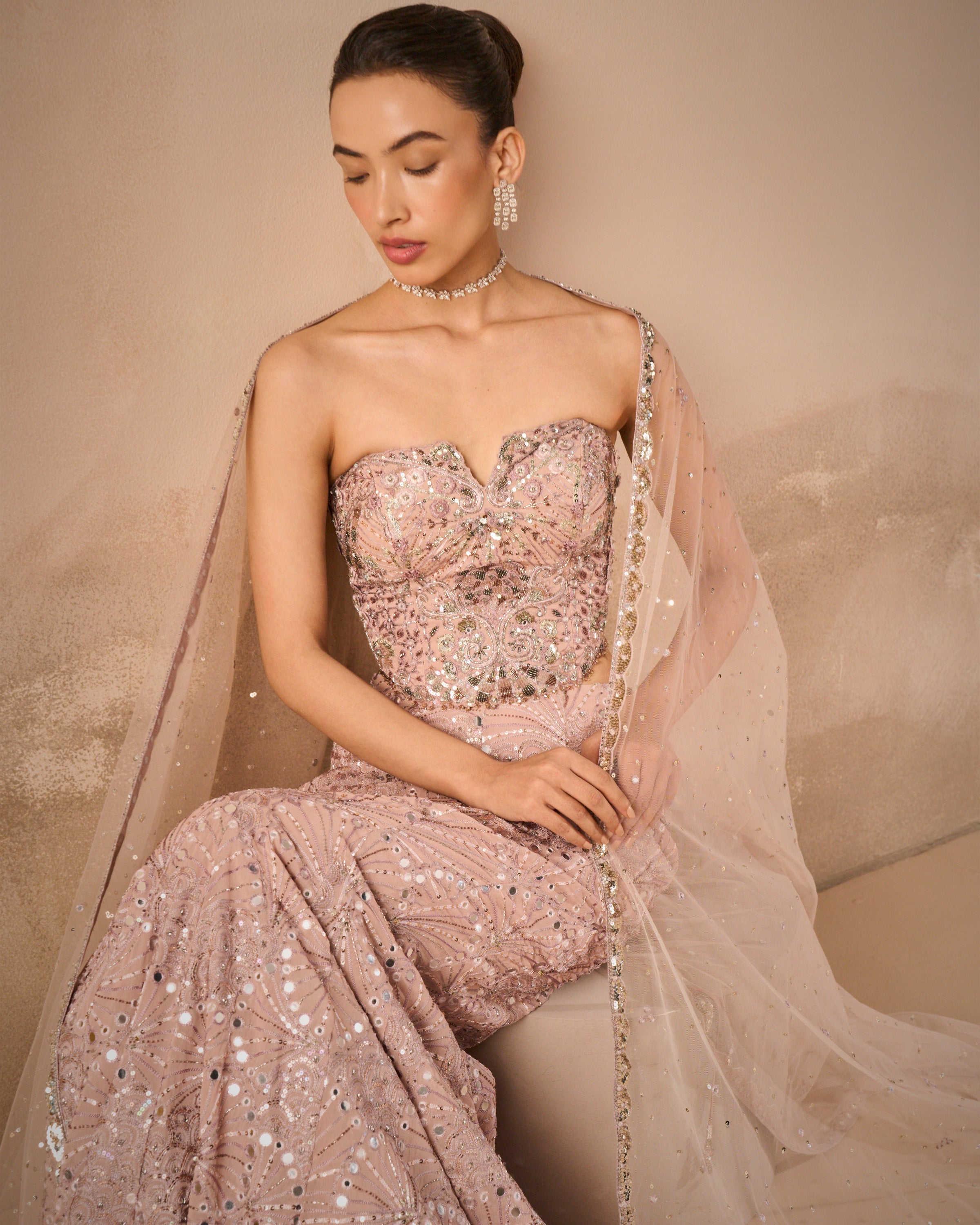 Mauve Pink Georgette Fit And Flare Lehenga Set