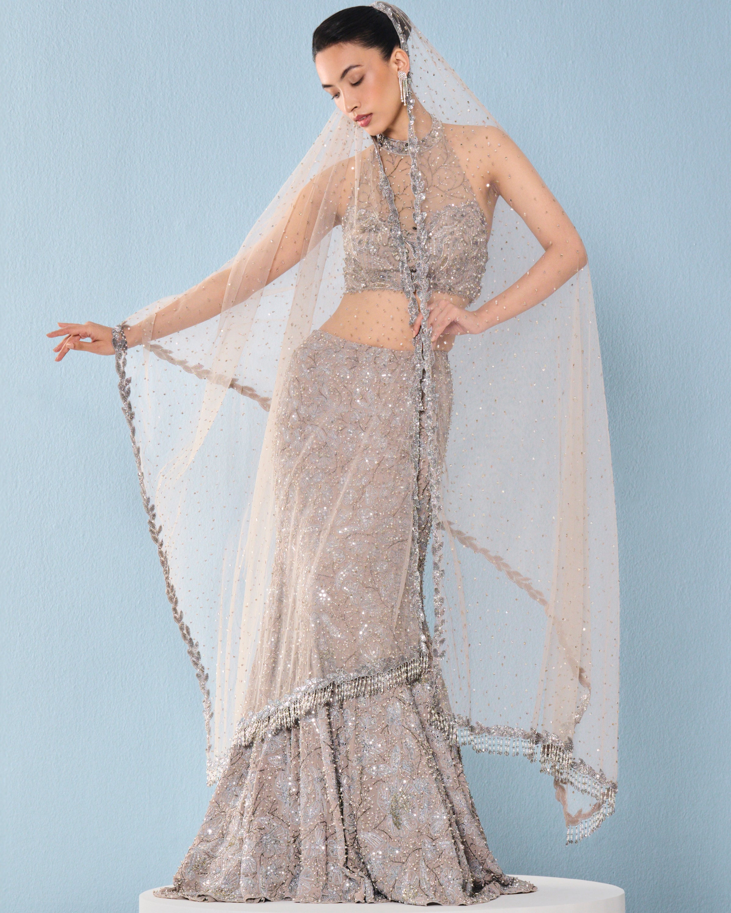 Grey Tulle Fit And Flare Lehenga Set