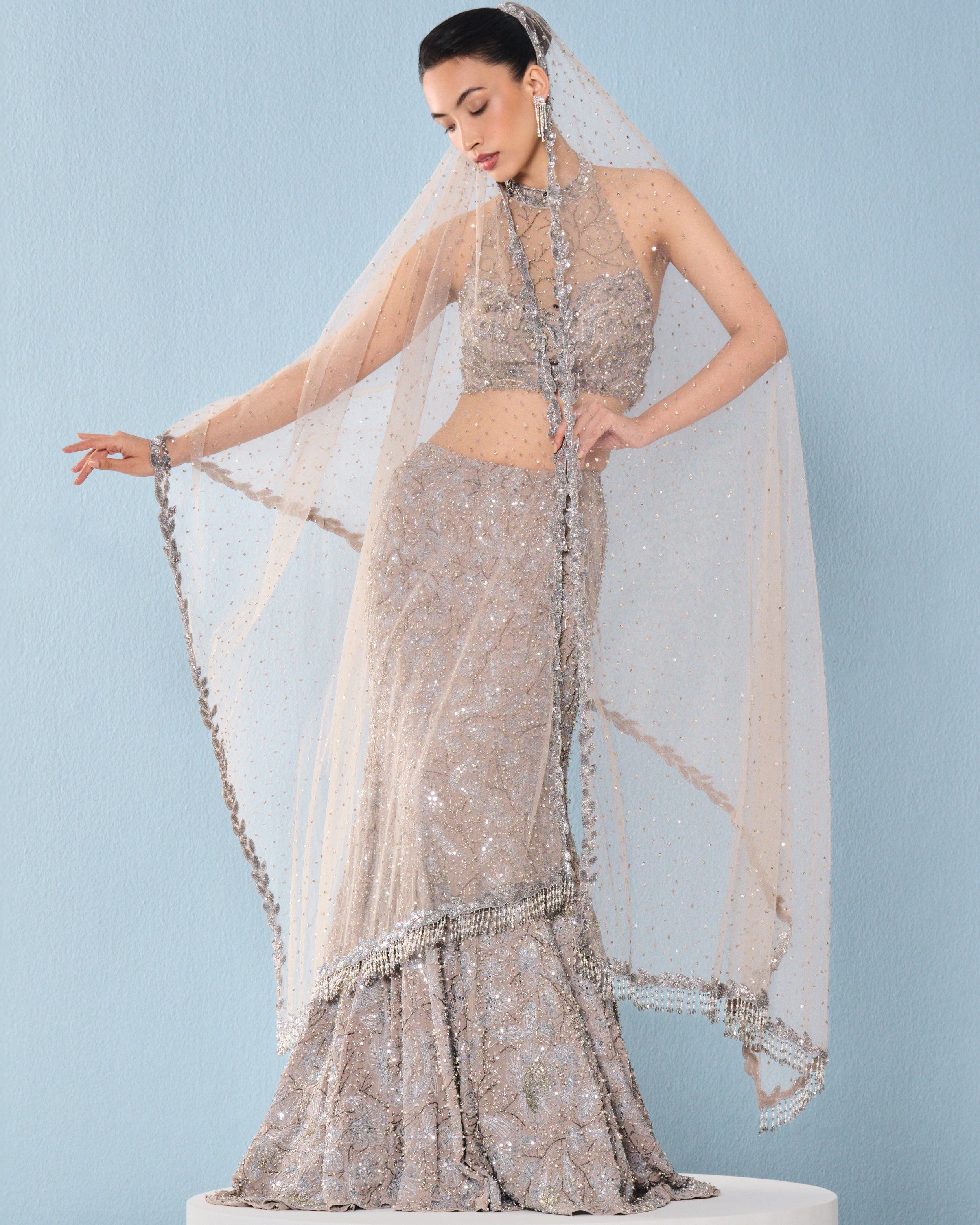 Grey Tulle Fit And Flare Lehenga Set