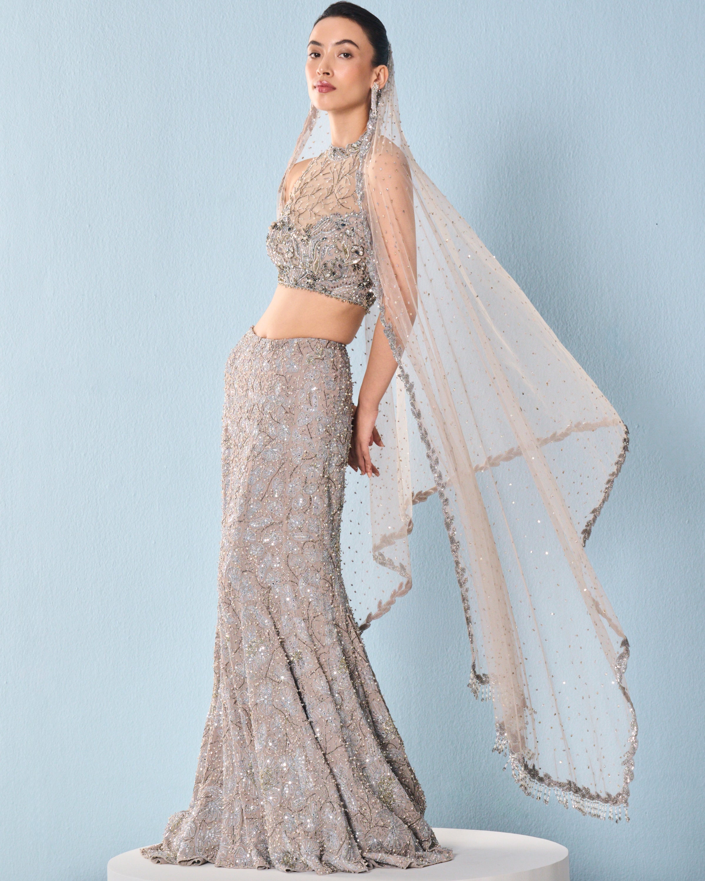 Grey Tulle Fit And Flare Lehenga Set