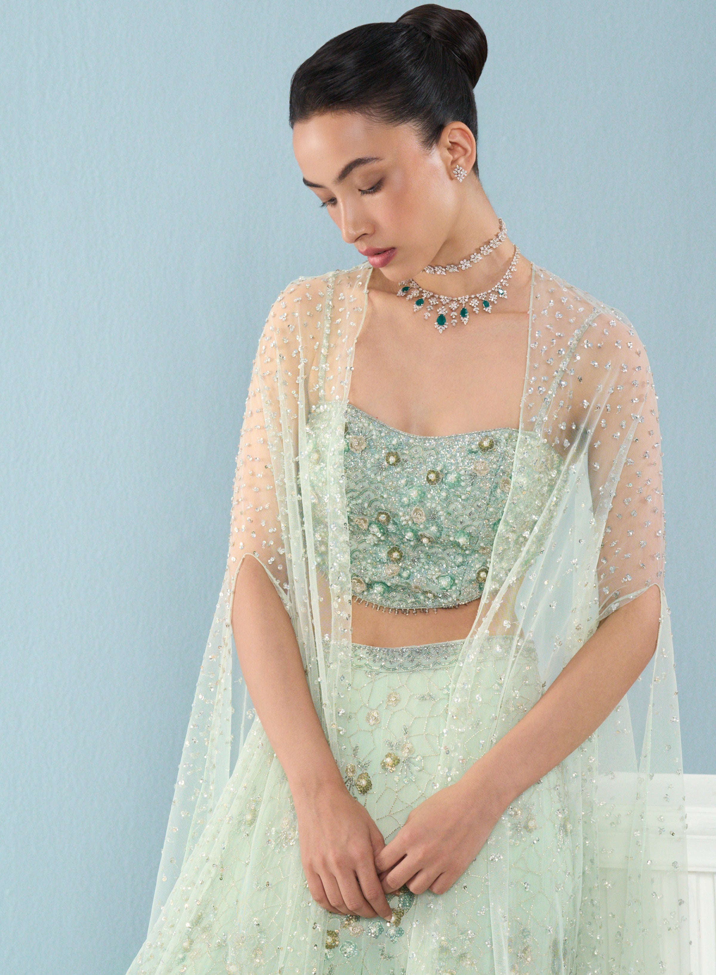 Sea Green Georgette High Waist Sharara And Cape Set