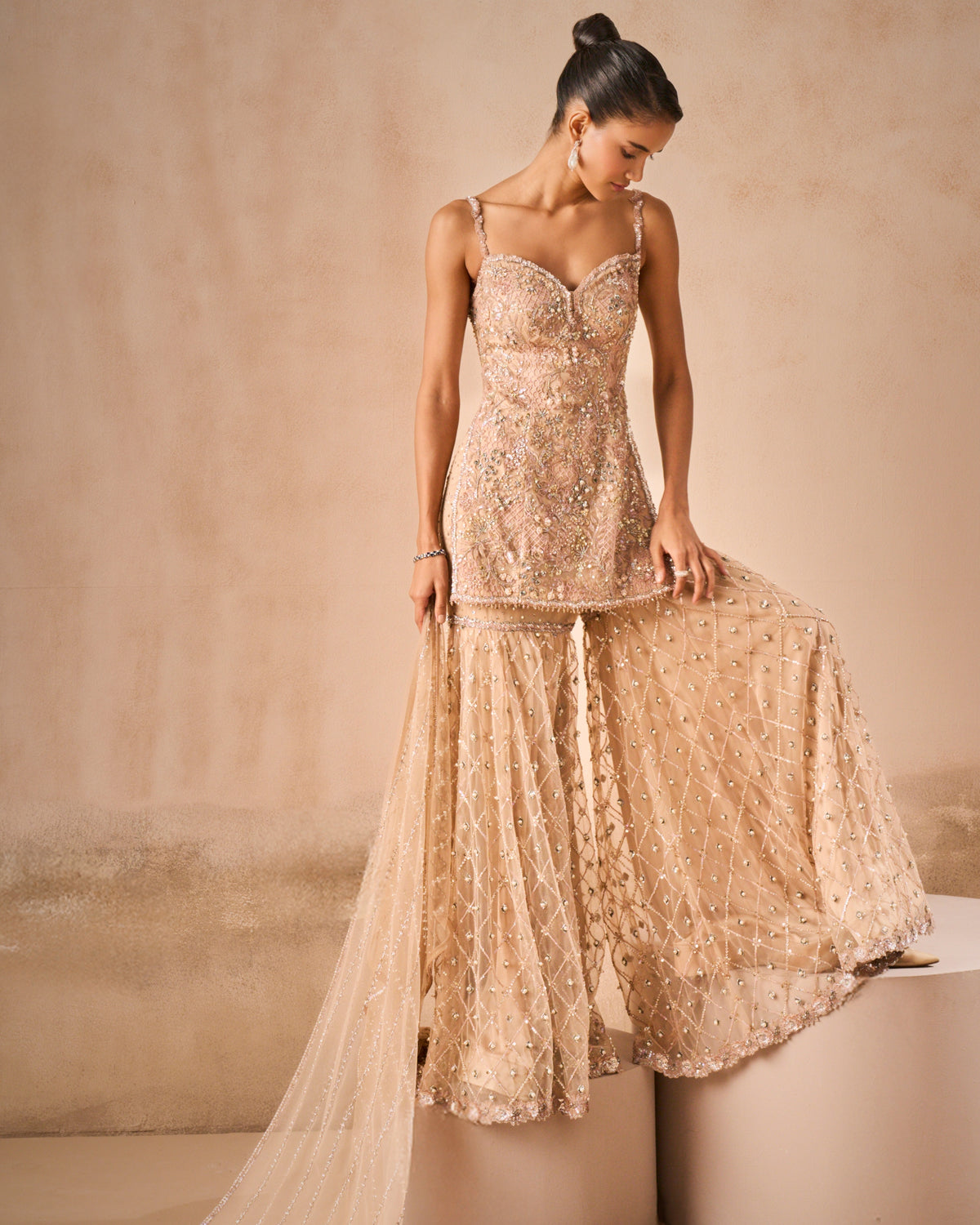 Biscuit Brown Tulle Strappy Gharara Set