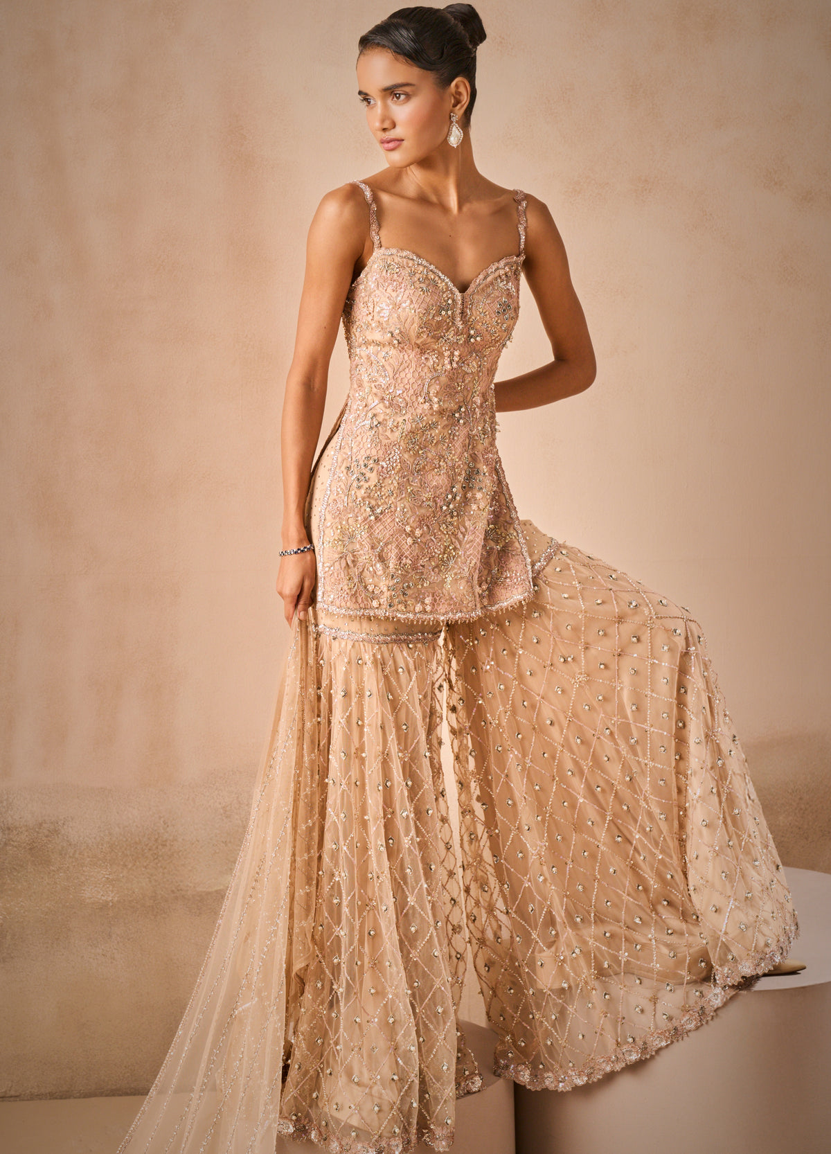 Biscuit Brown Tulle Strappy Gharara Set