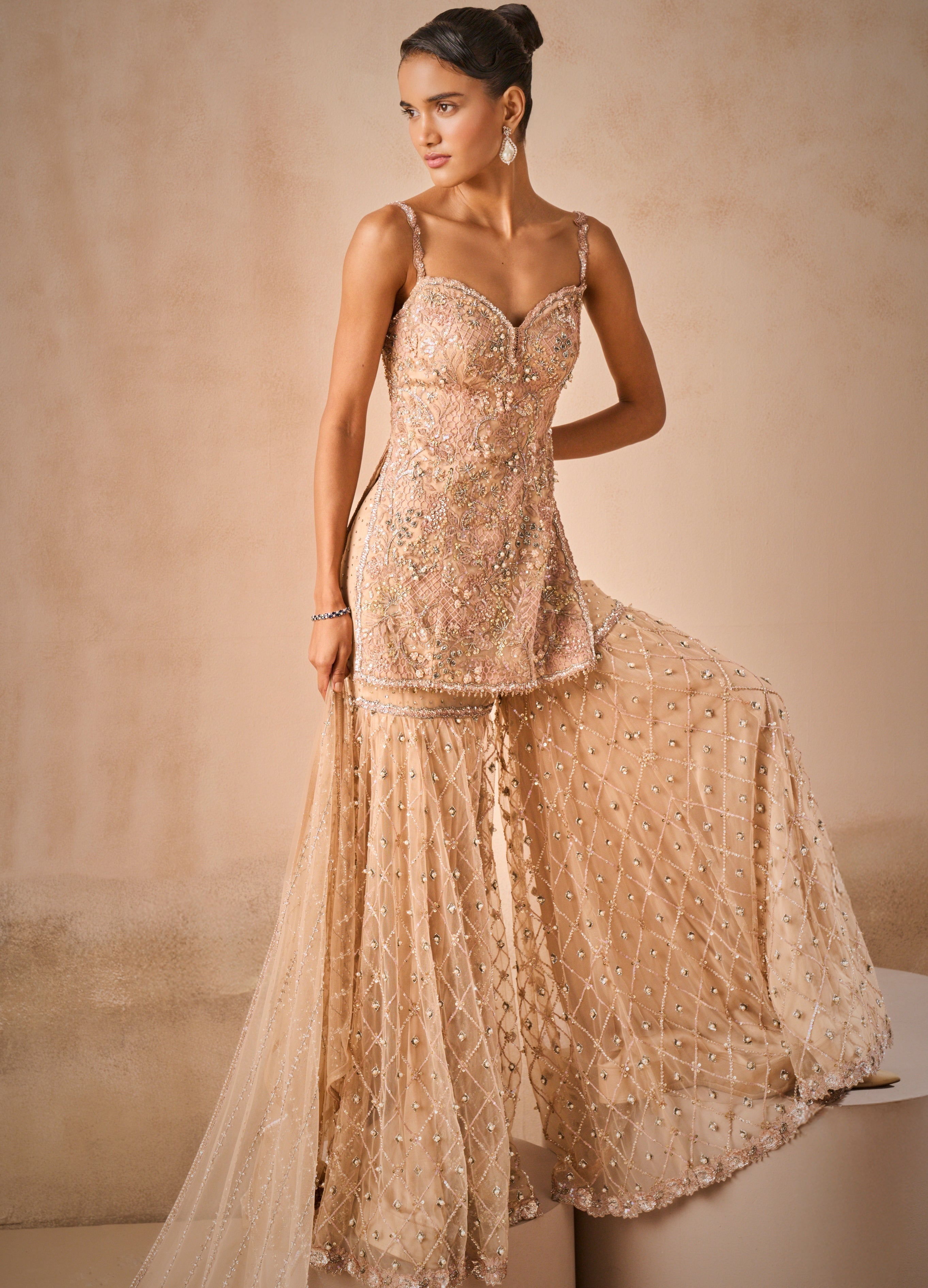 Biscuit Brown Tulle Strappy Gharara Set