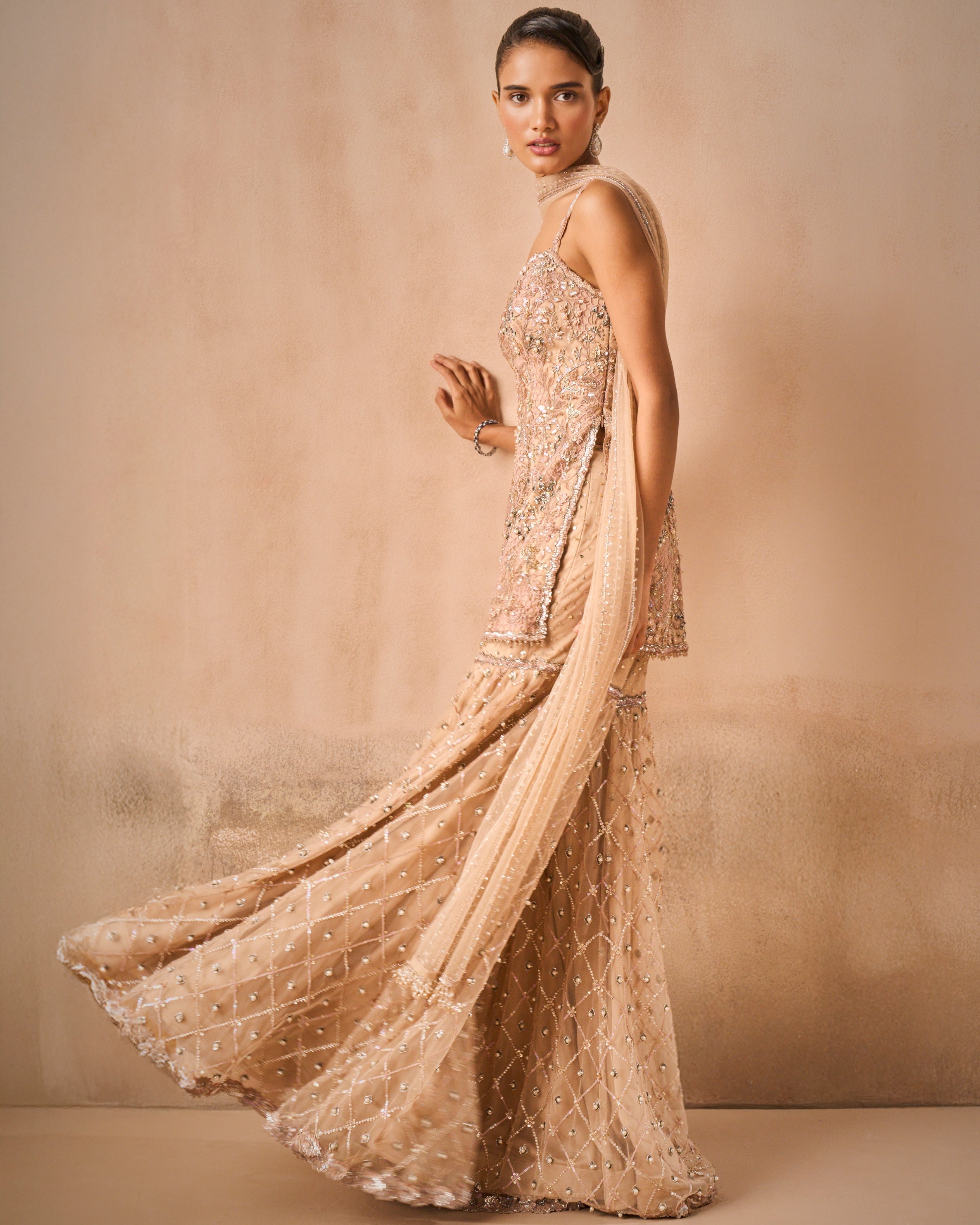 Biscuit Brown Tulle Strappy Gharara Set