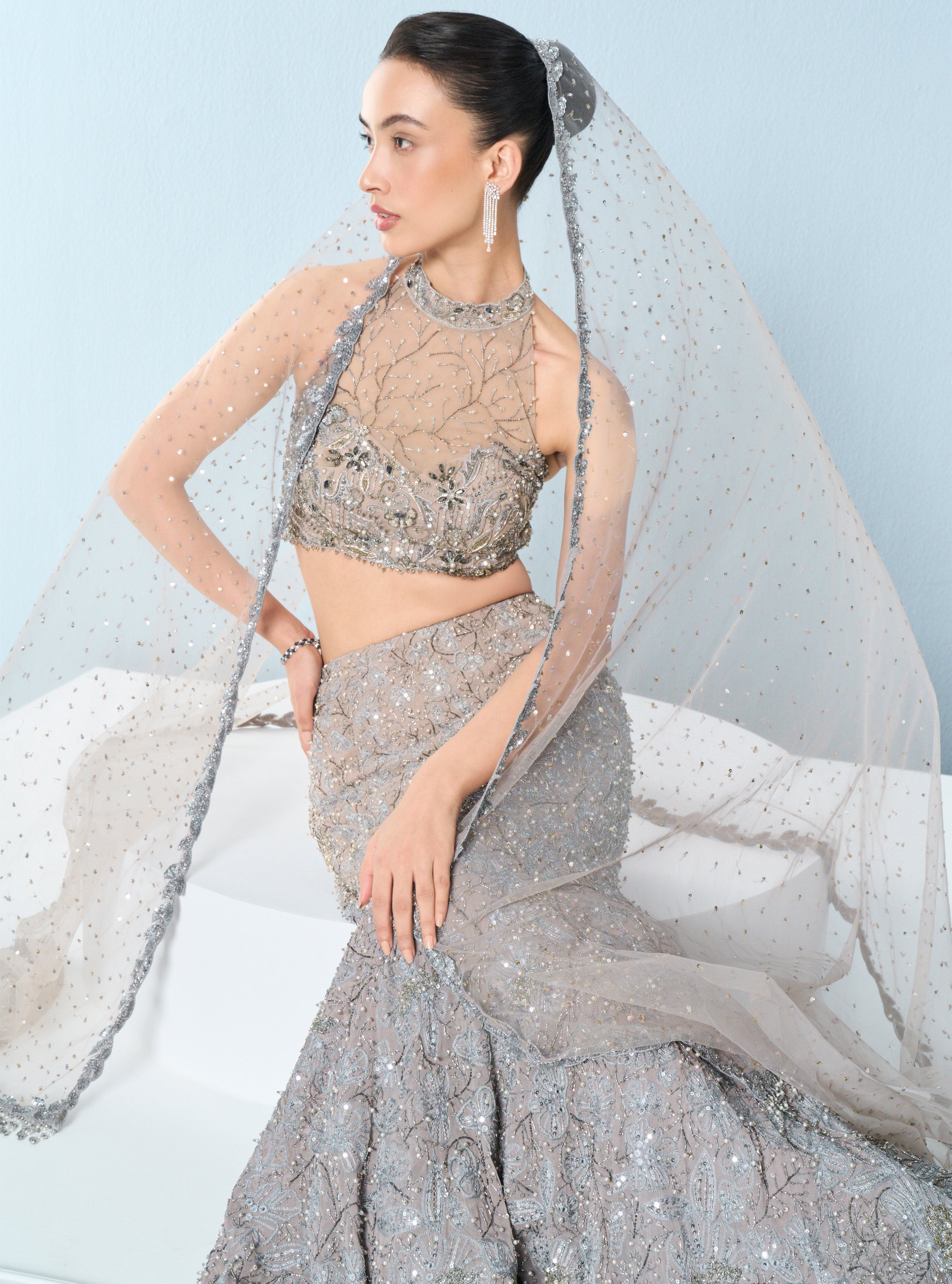 Grey Tulle Fit And Flare Lehenga Set