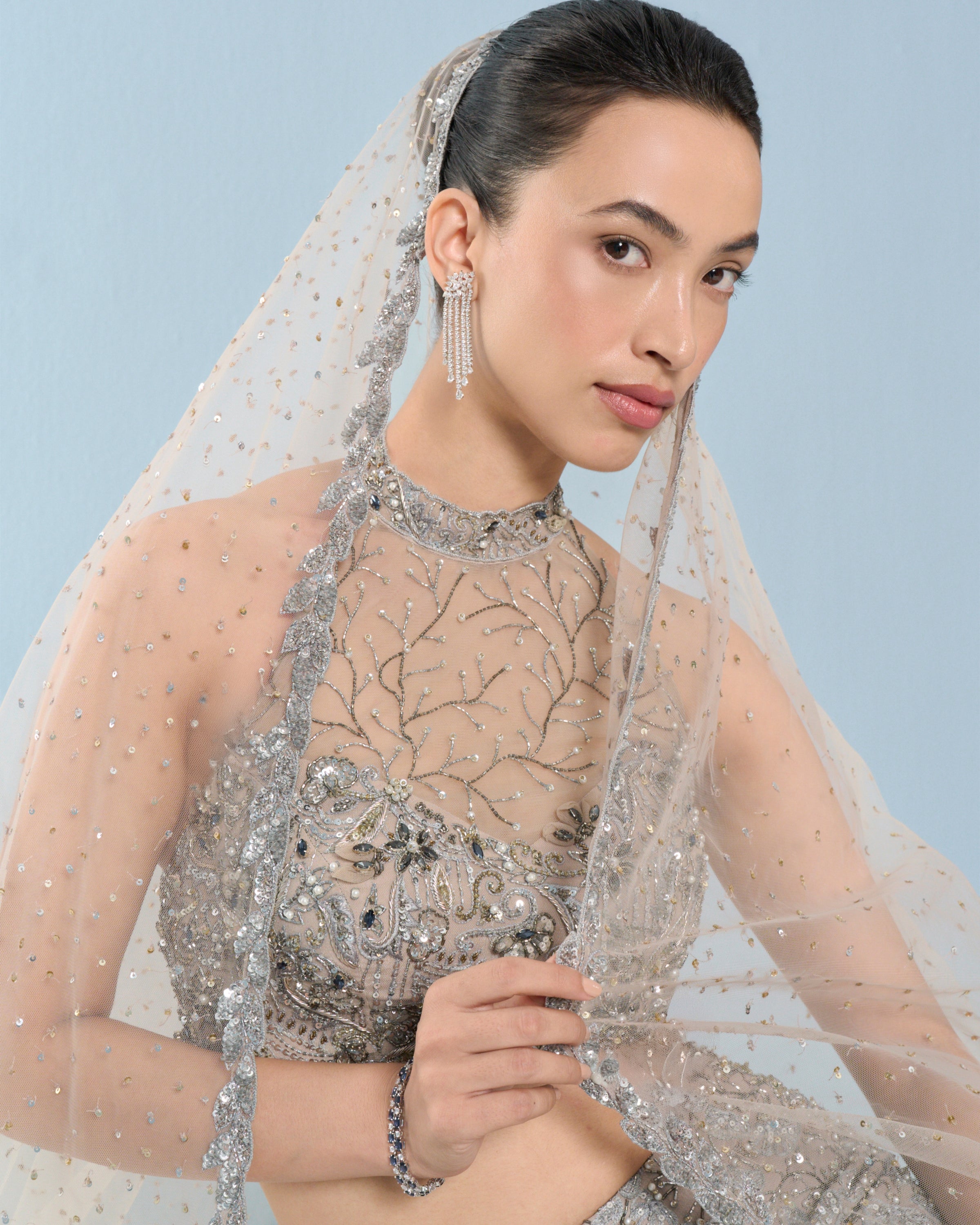 Grey Tulle Fit And Flare Lehenga Set